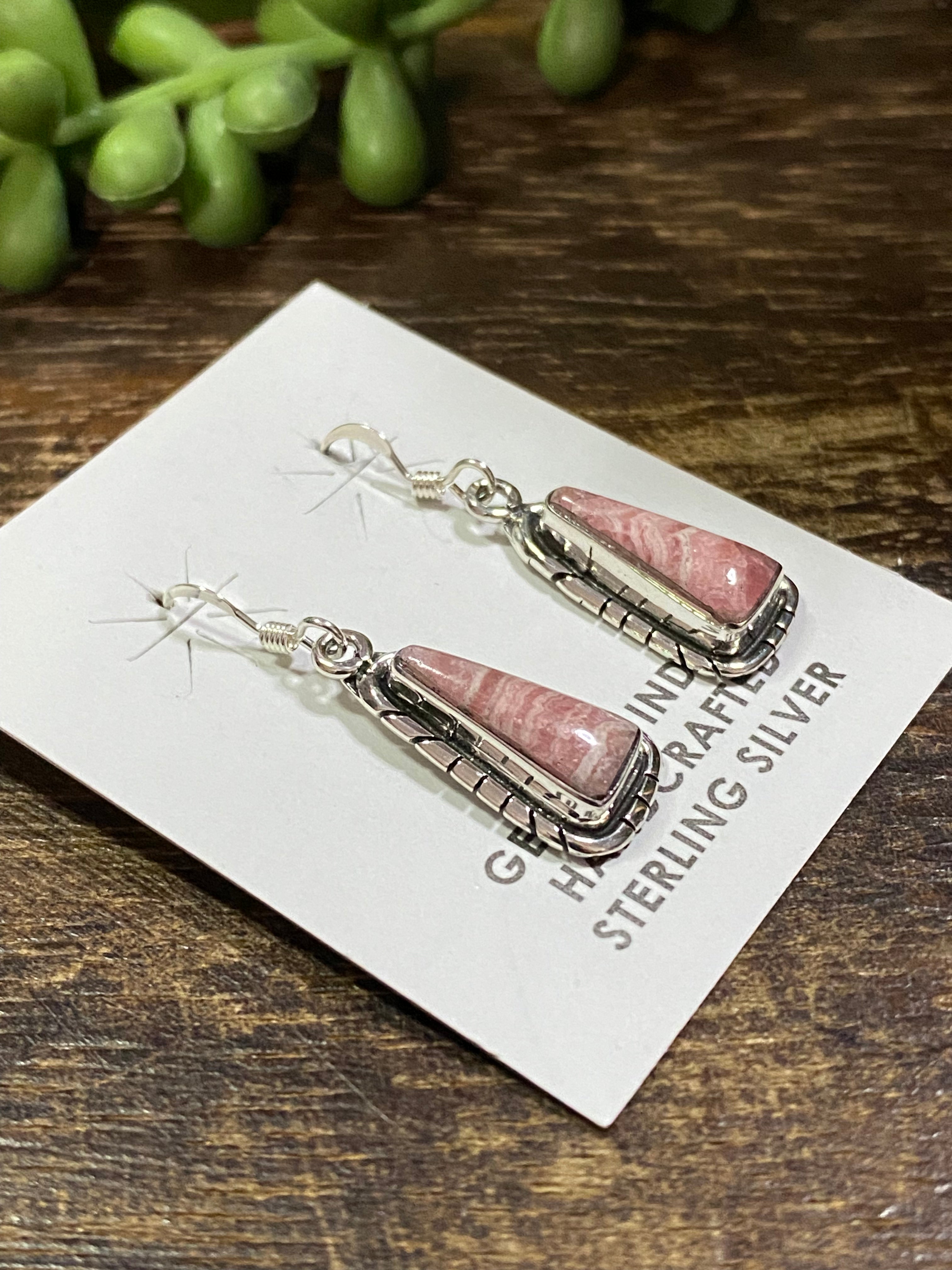 Navajo Made Rhodochrosite & Sterling Silver Dangle Earrings