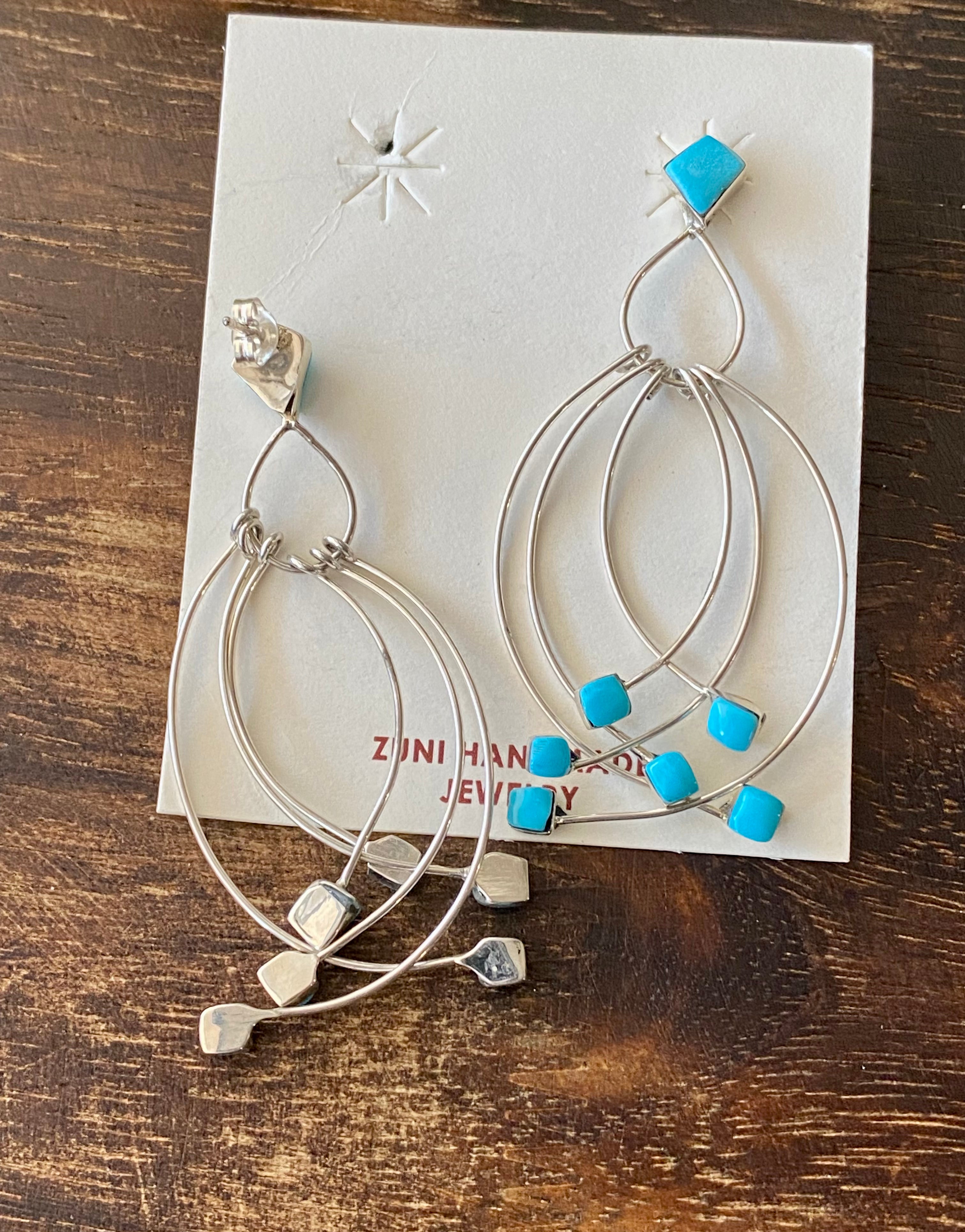 Zuni Made Kingman Turquoise & Sterling Silver Post Dangle Earrings