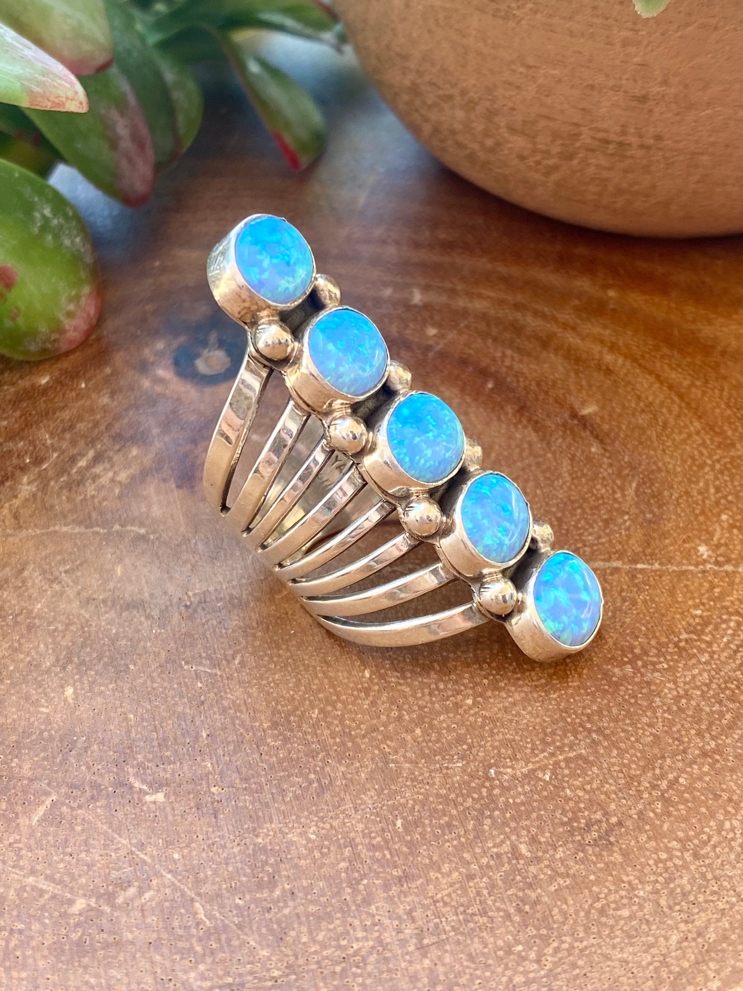 T. Yazzie Blue Opal & Sterling Silver Ring Size 8