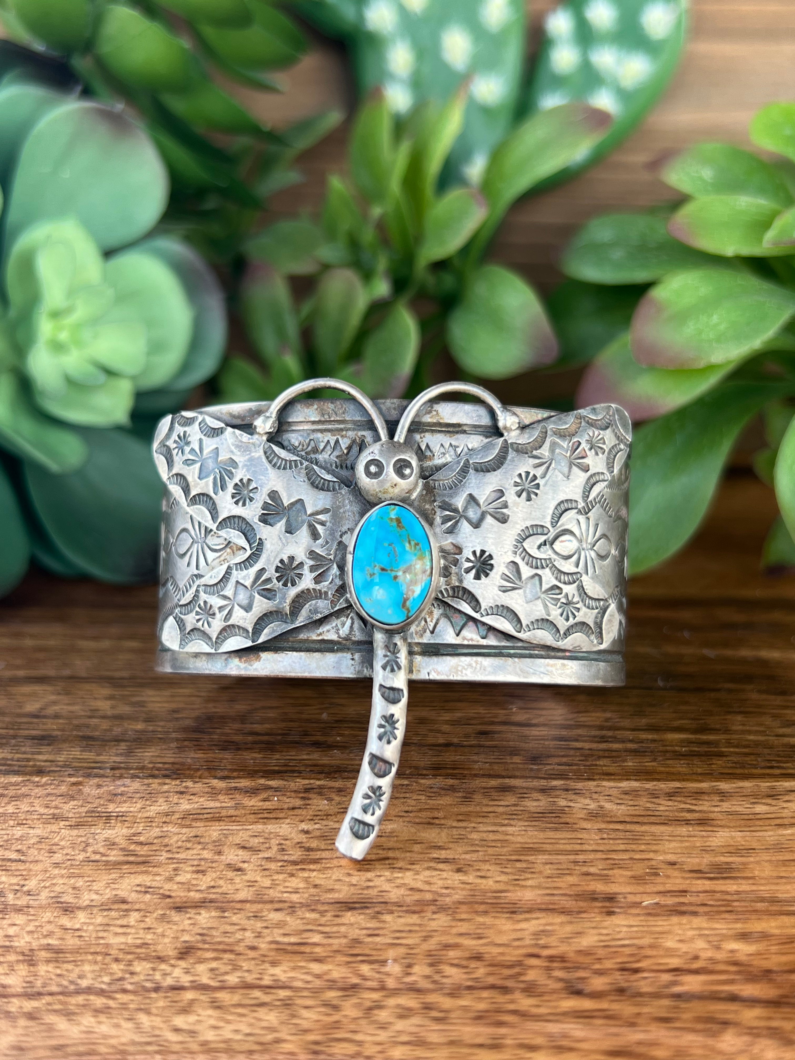 Bobby Johnson Kingman Turquoise & Sterling Silver Dragonfly Cuff Bracelet