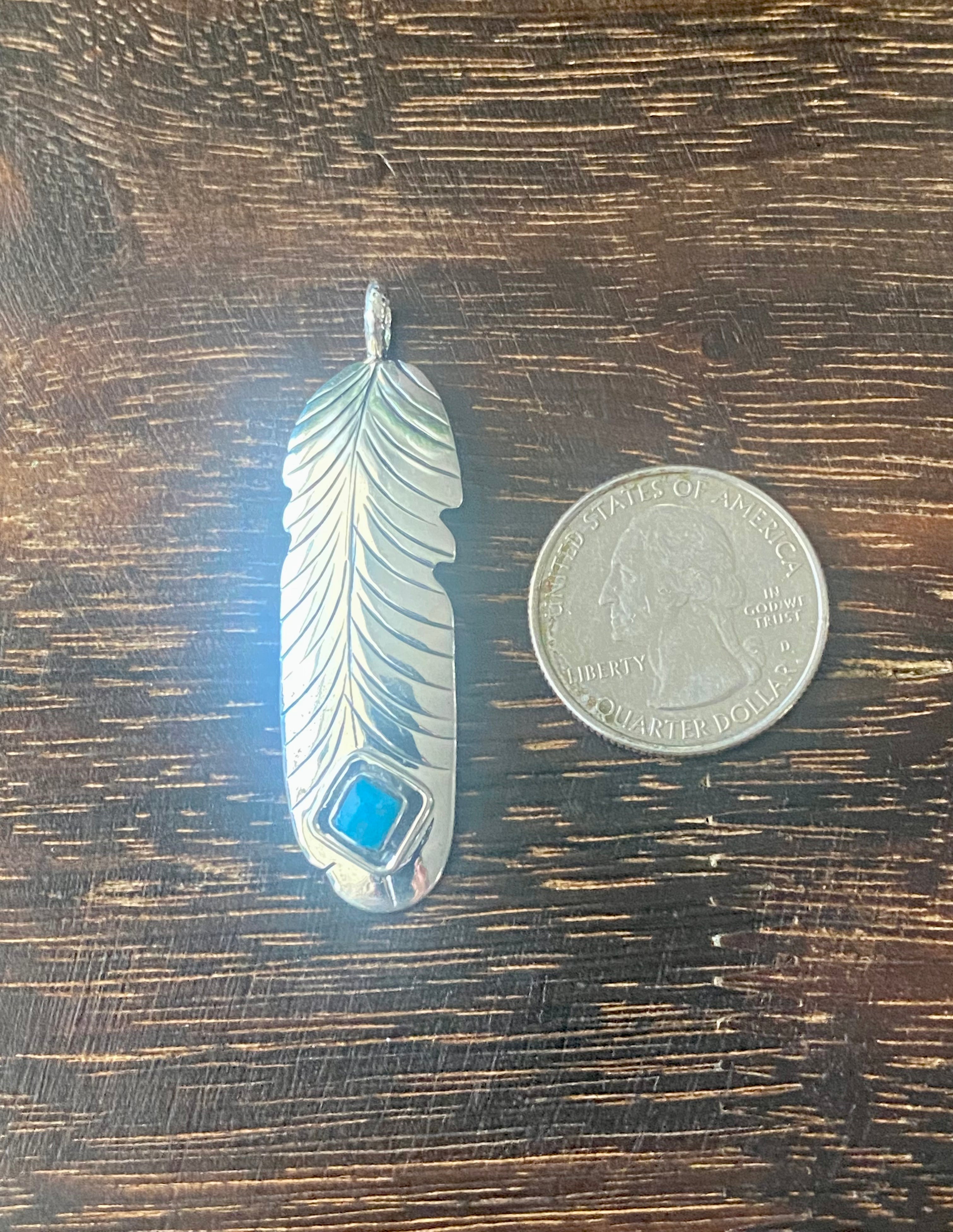 Navajo Made Kingman Turquoise & Sterling Silver Feather Pendant