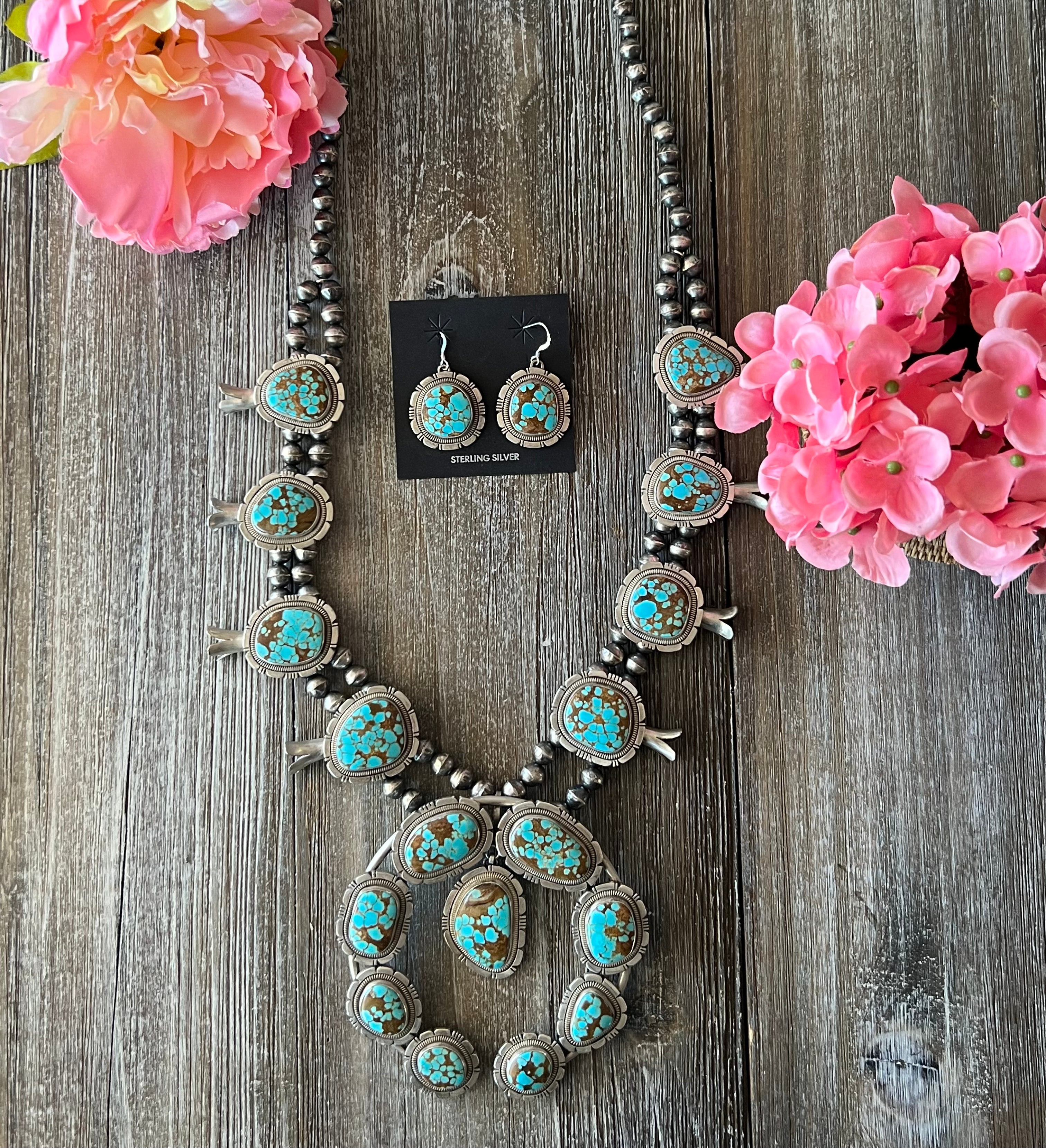 Wydell Billie # 8 Turquoise & Sterling Silver Squash Blossom Necklace Set