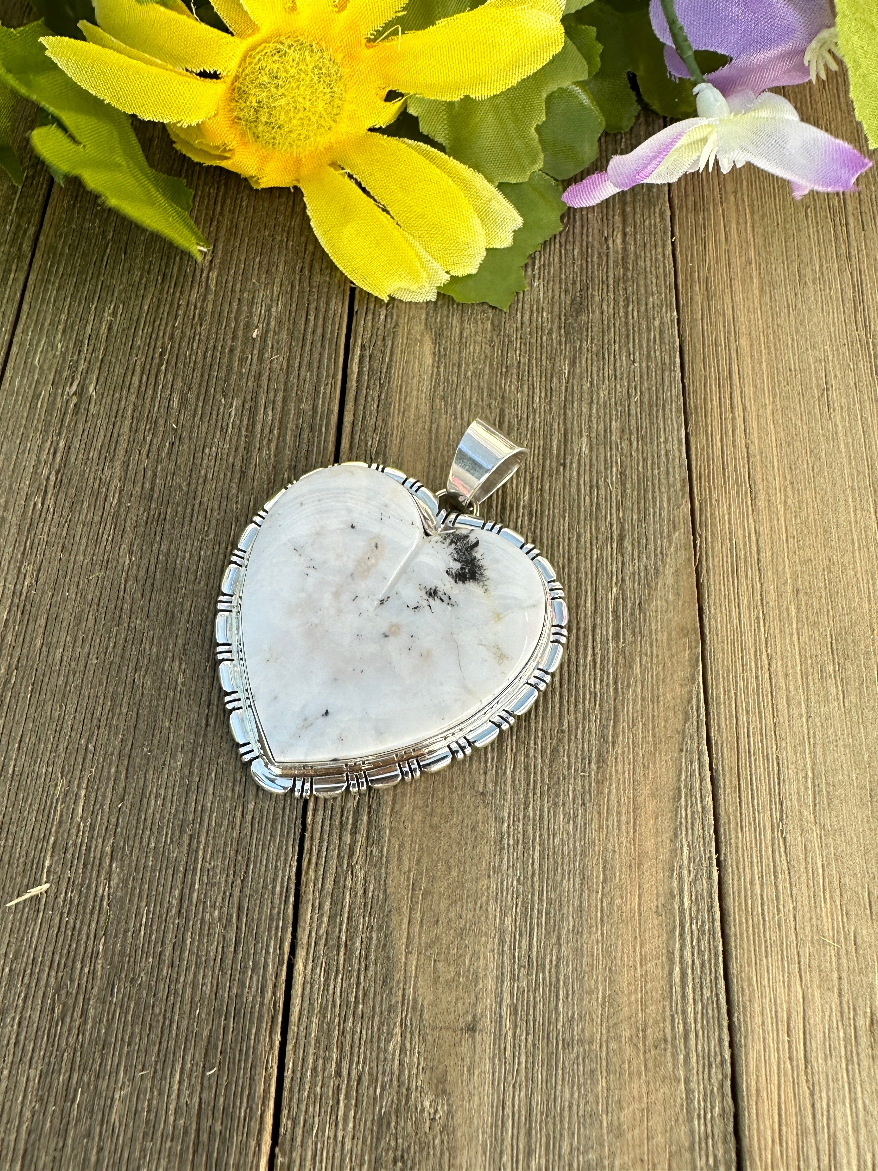 Navajo Made White Buffalo & Sterling Silver Heart Pendant