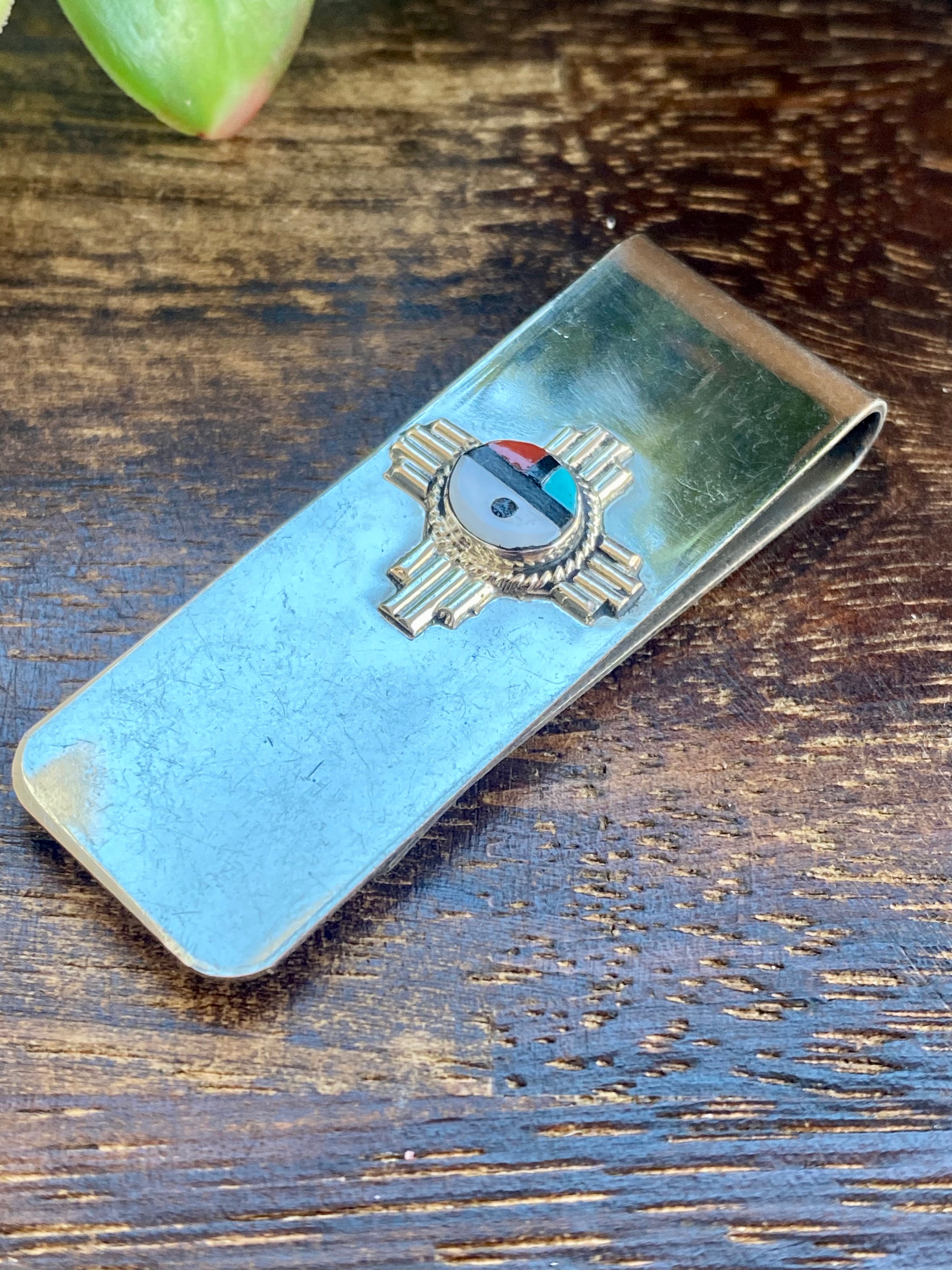 Navajo Made Multi Stone & Sterling Silver Inlay Sunface Zia MoneyClip