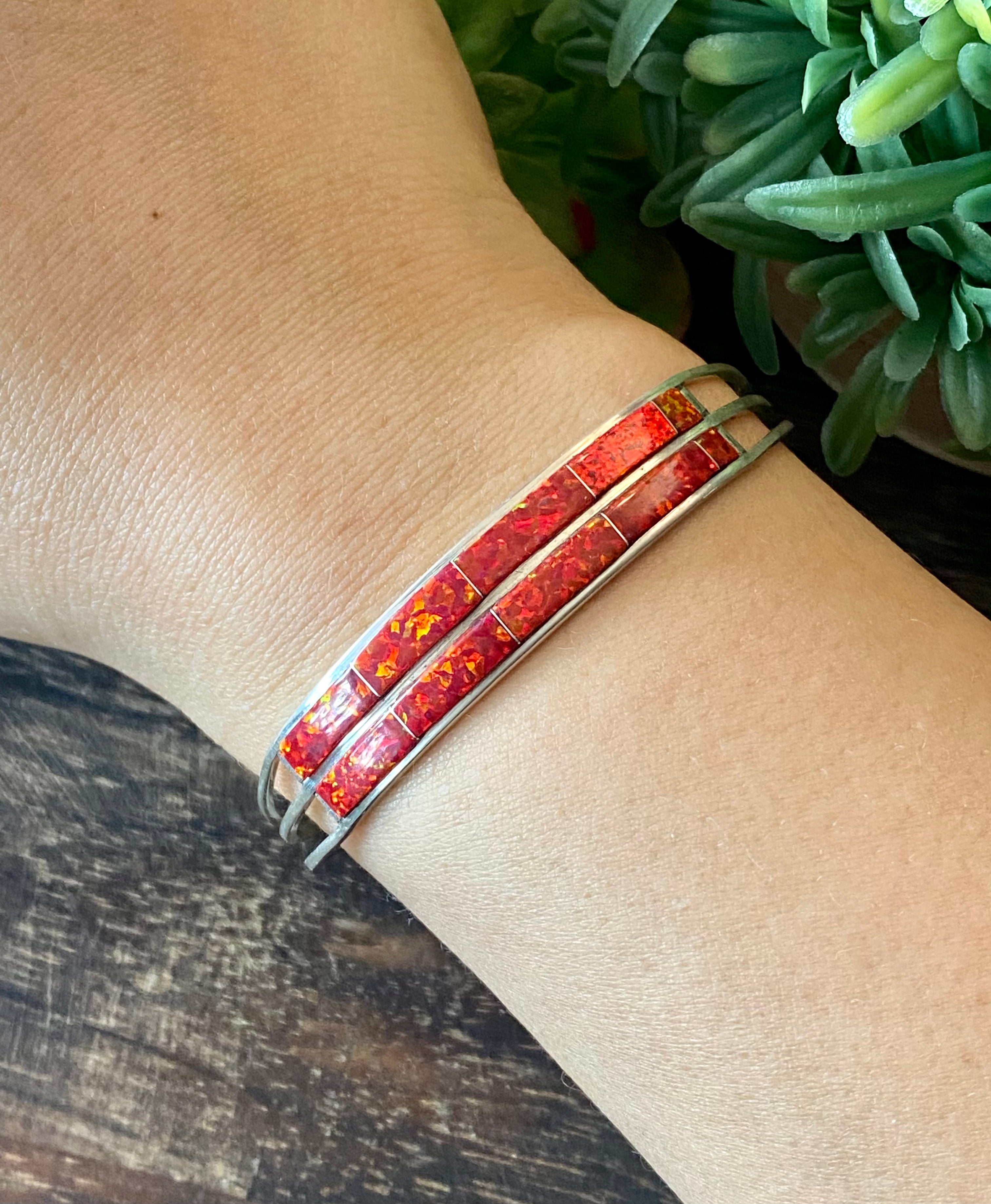 Navajo Made Red Opal & Sterling Silver Inlay Cuff Bracelet