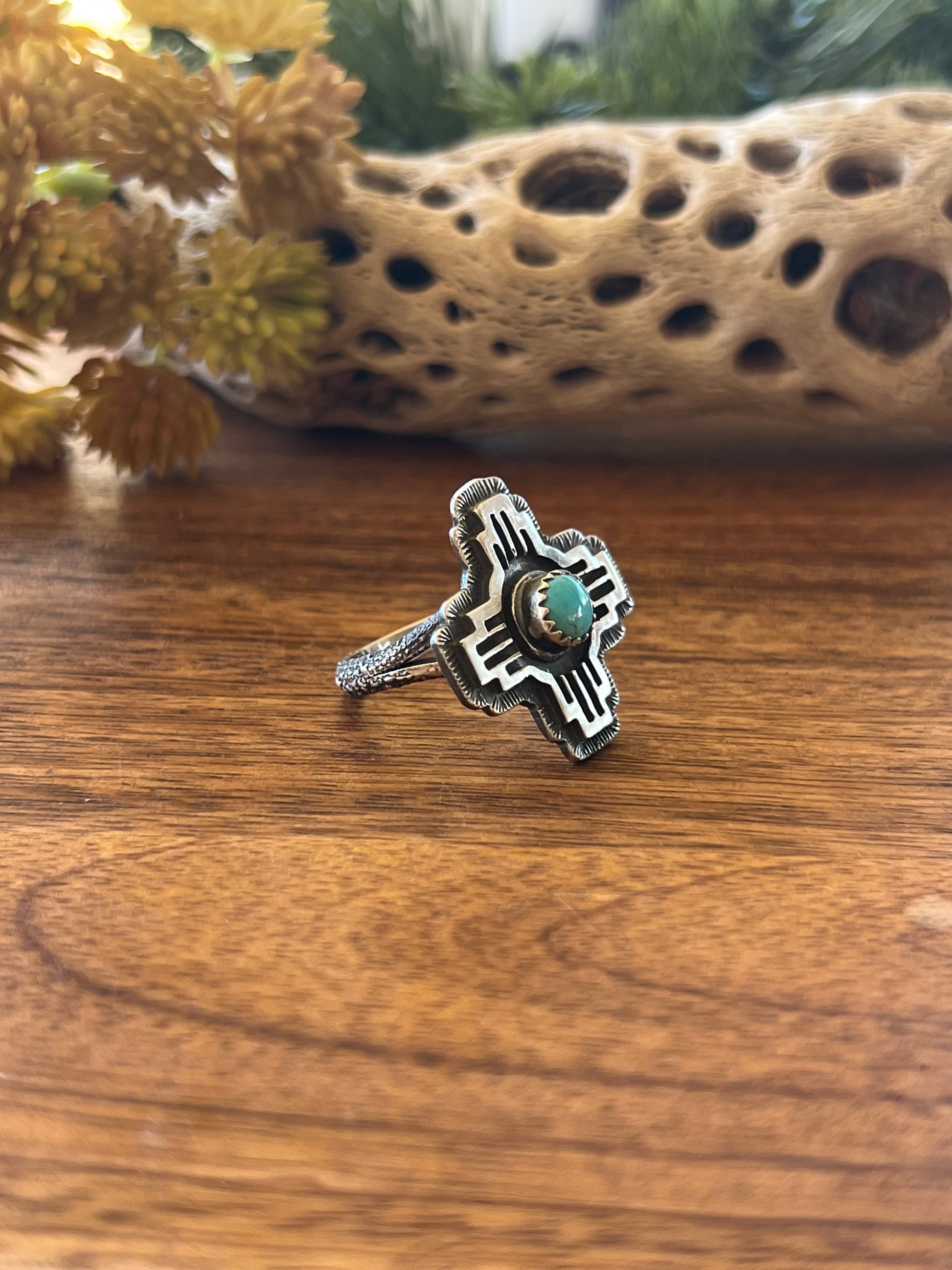 Navajo Made Kingman Turquoise & Sterling Silver Zia Ring