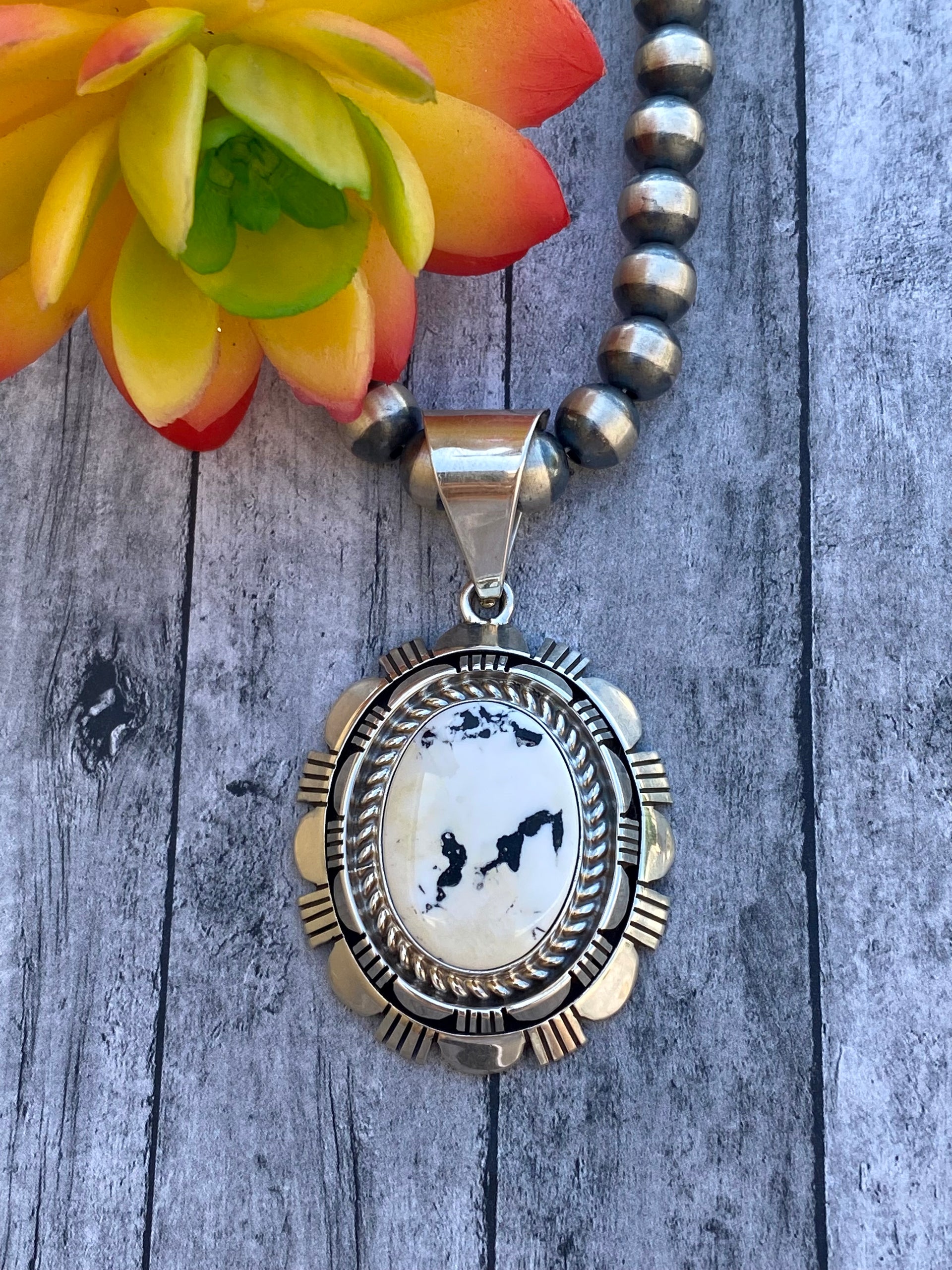 Vintage Richard Curley White Buffalo & Sterling Silver Pendant