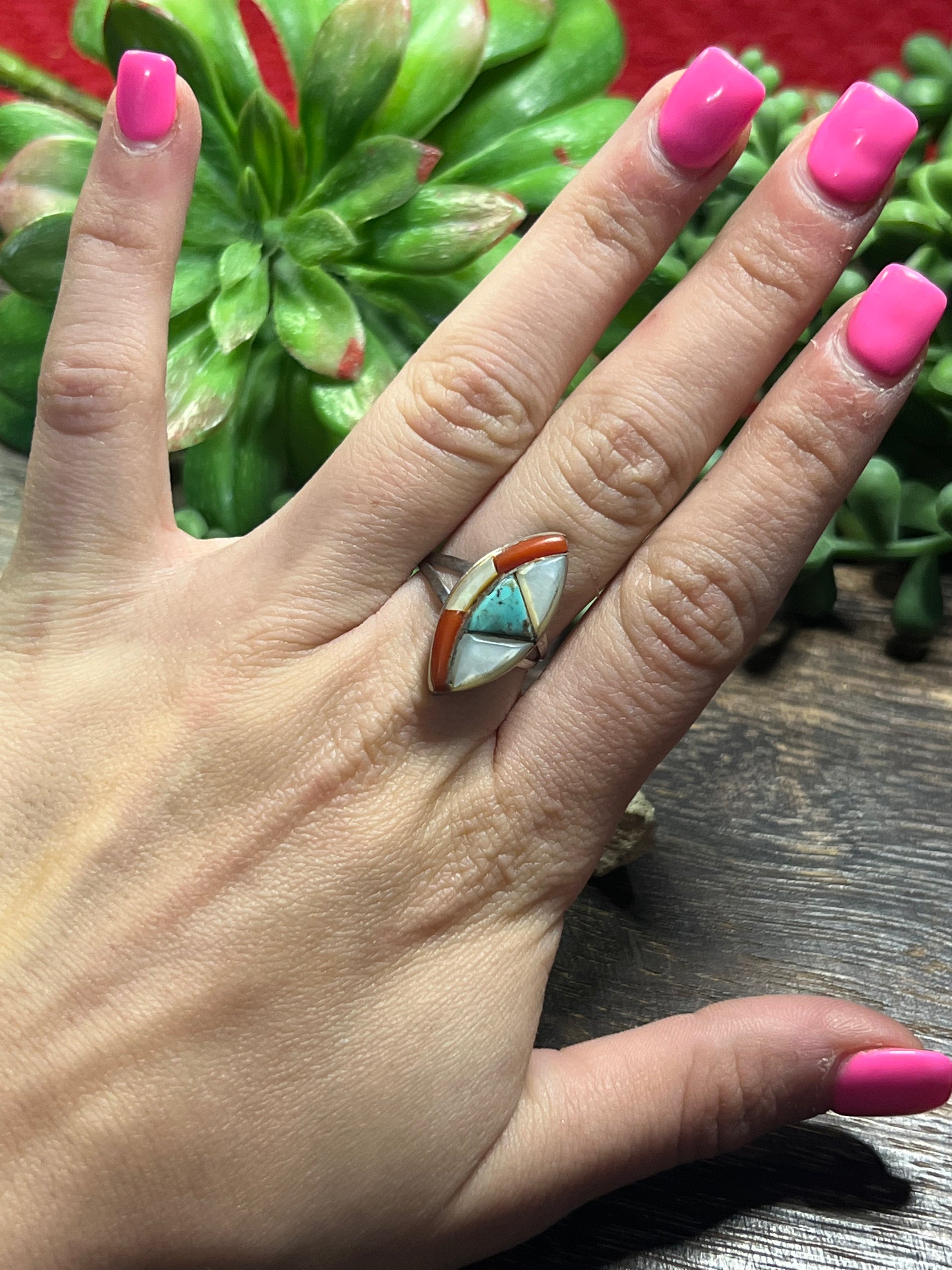 Vintage Navajo Made Multi Stone & Sterling Silver Ring Size 5.5