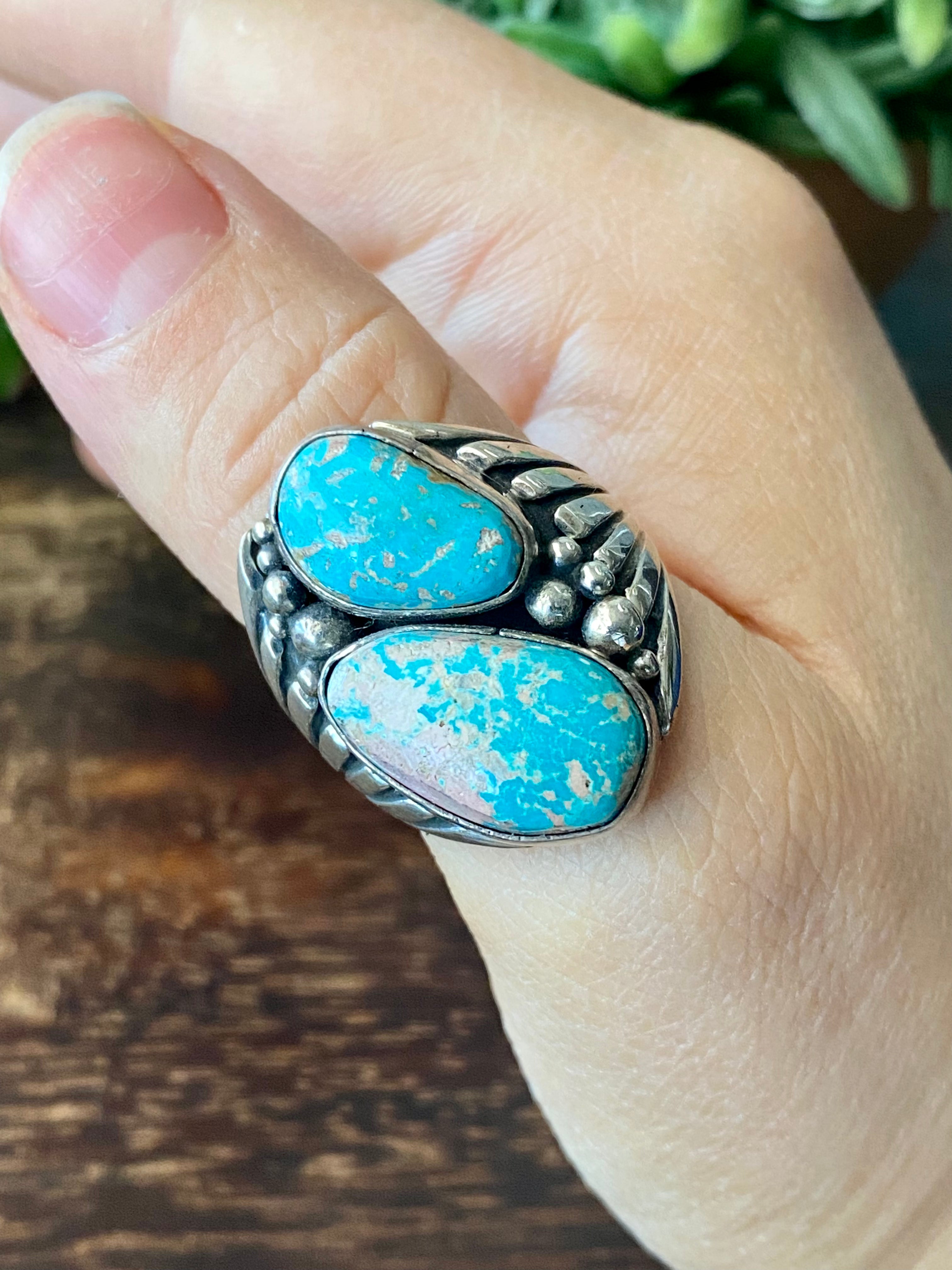 Navajo Made Kingman Turquoise & Sterling Silver Ring Size 10.75