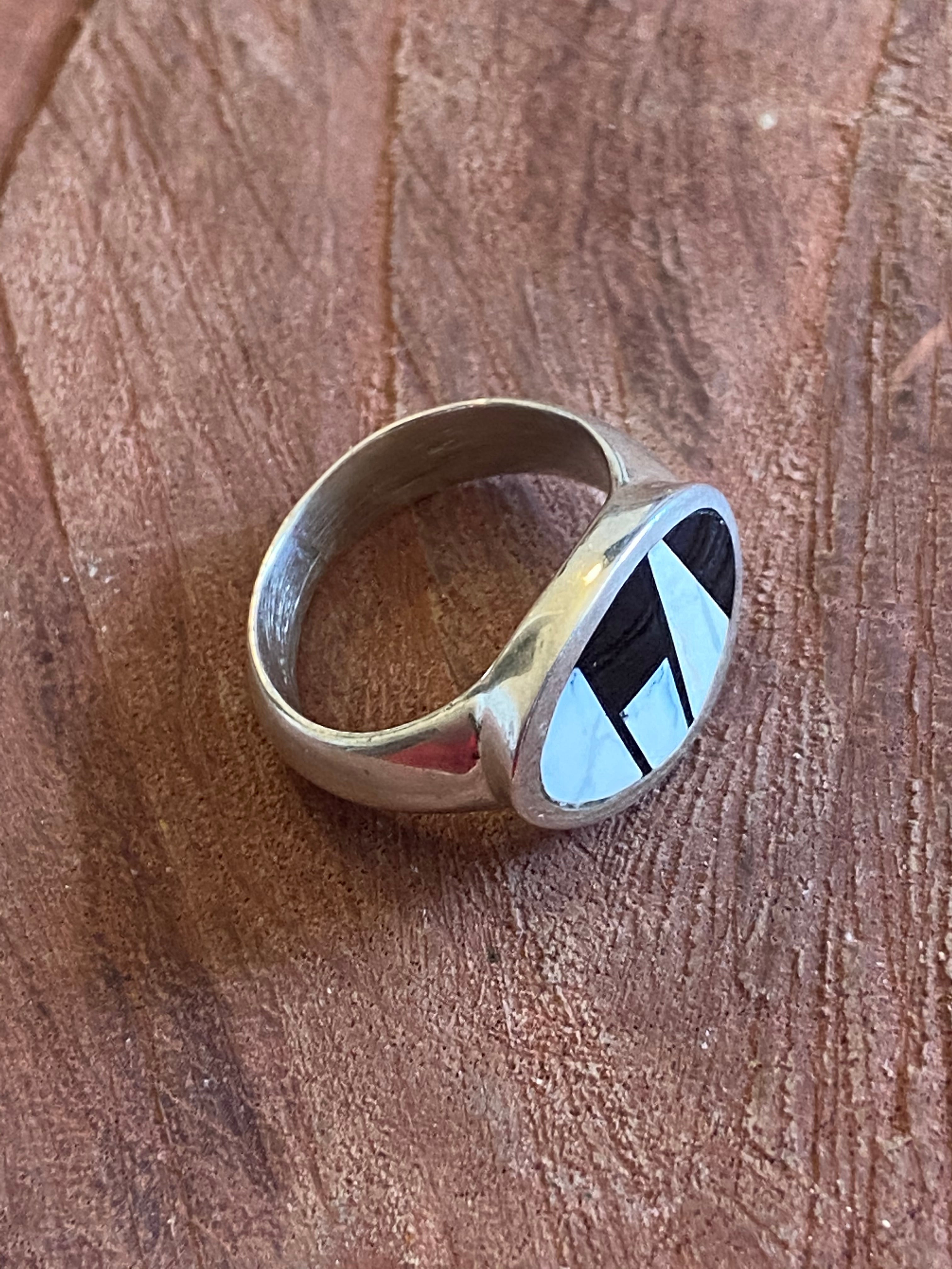 Navajo White Buffalo & Onyx Sterling Silver Inlay Ring Size 4.75