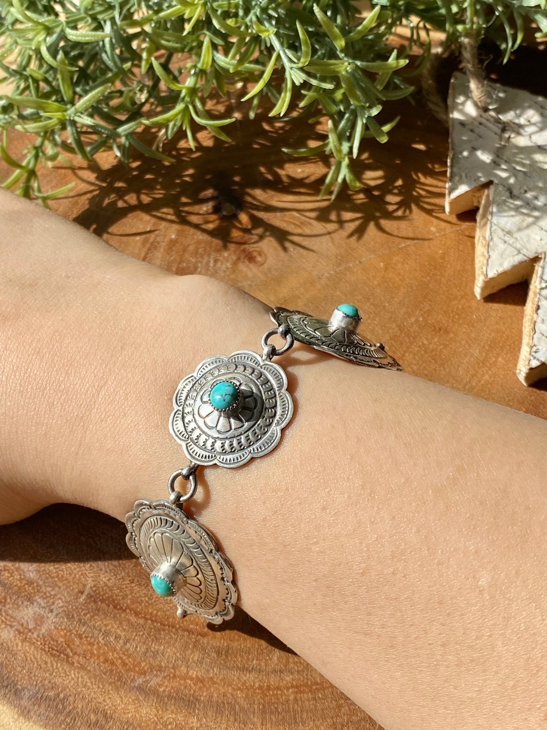 Navajo Made Kingman Turquoise & Sterling Silver Concho Link Bracelet