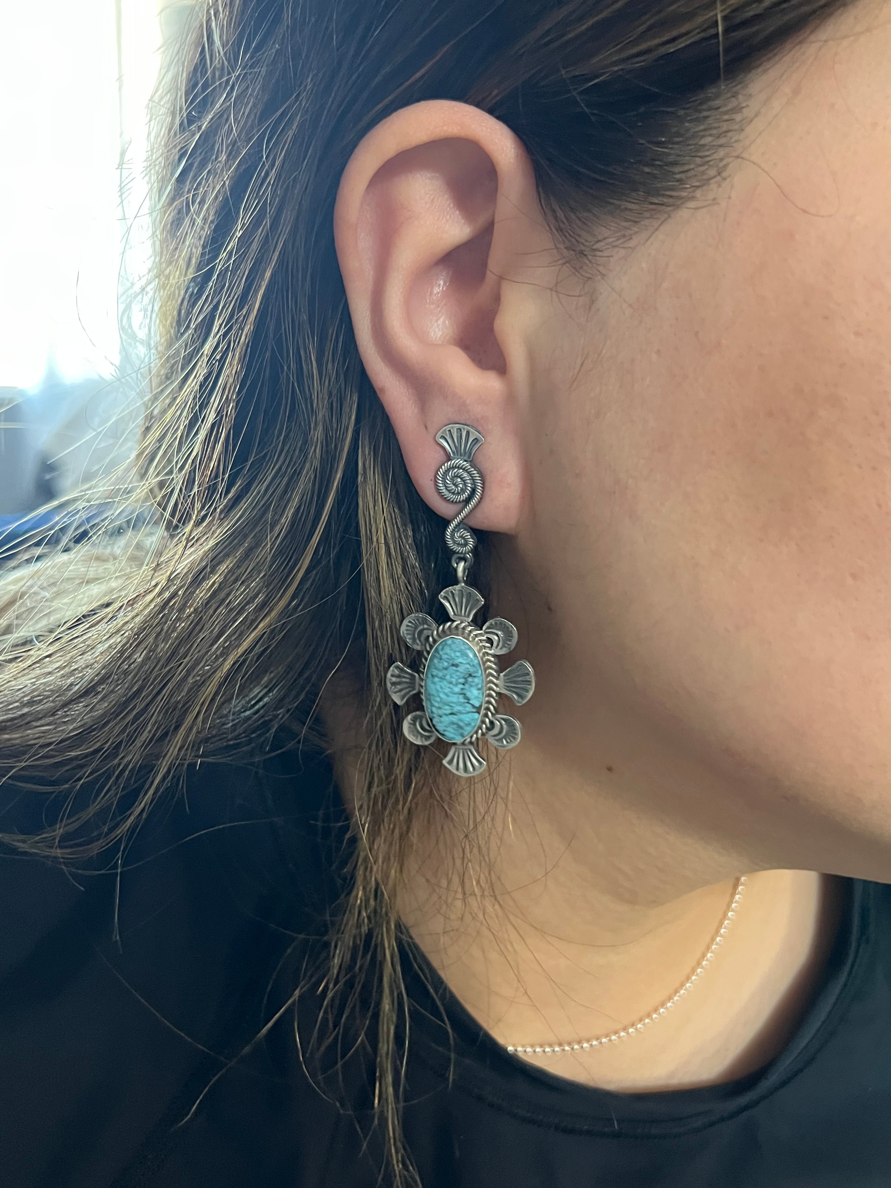 Martha Cayatineto Made Kingman Turquoise & Sterling Silver Post Dangle Earrings