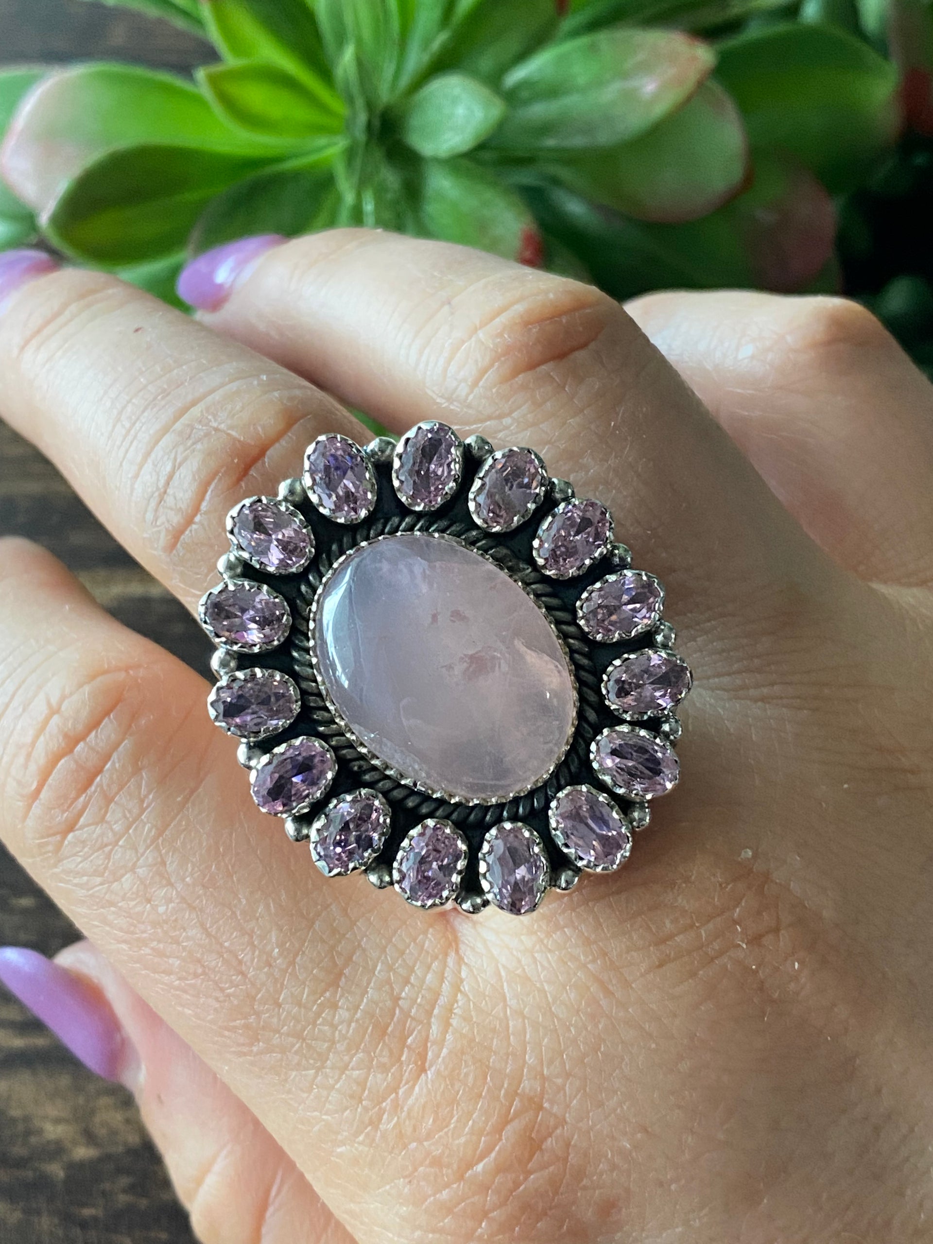 Southwest Handmade Rose Quartz & Tourmaline Sterling Silver Cluster Adjustable Ring Size 5.5