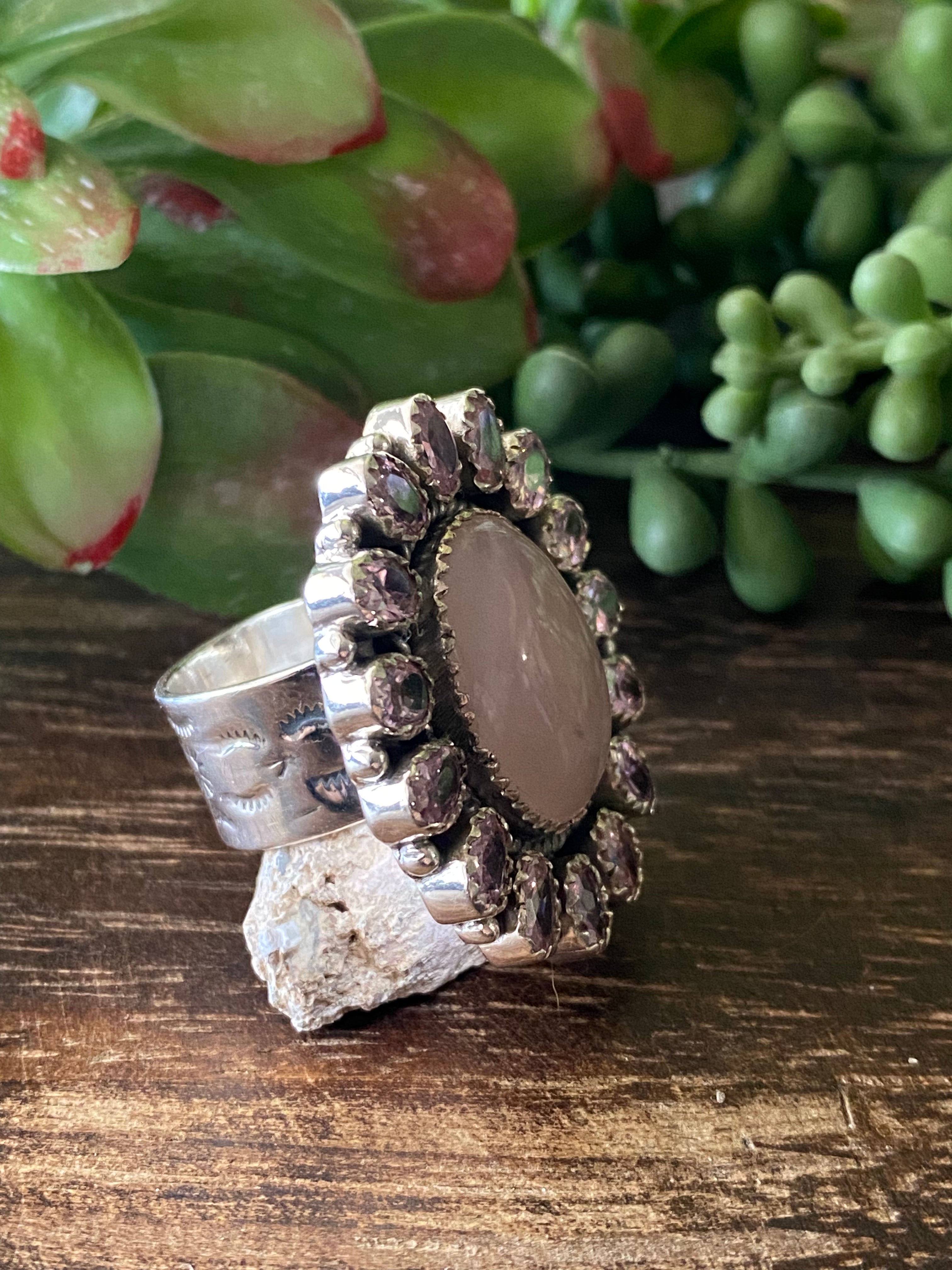 Southwest Handmade Rose Quartz & Tourmaline Sterling Silver Cluster Adjustable Ring Size 8