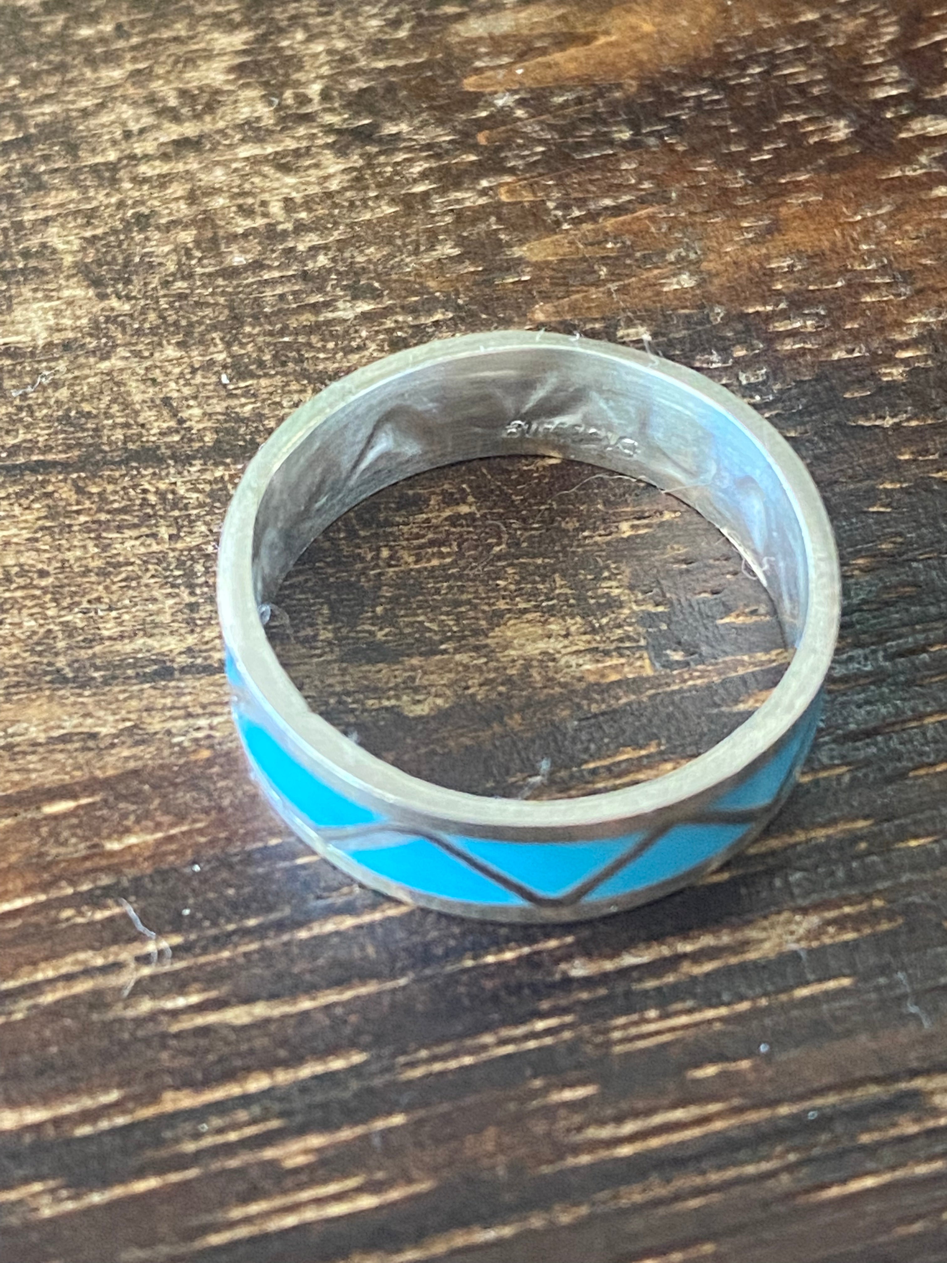 Navajo Made Turquoise & Sterling Silver Inlay Ring Size 6