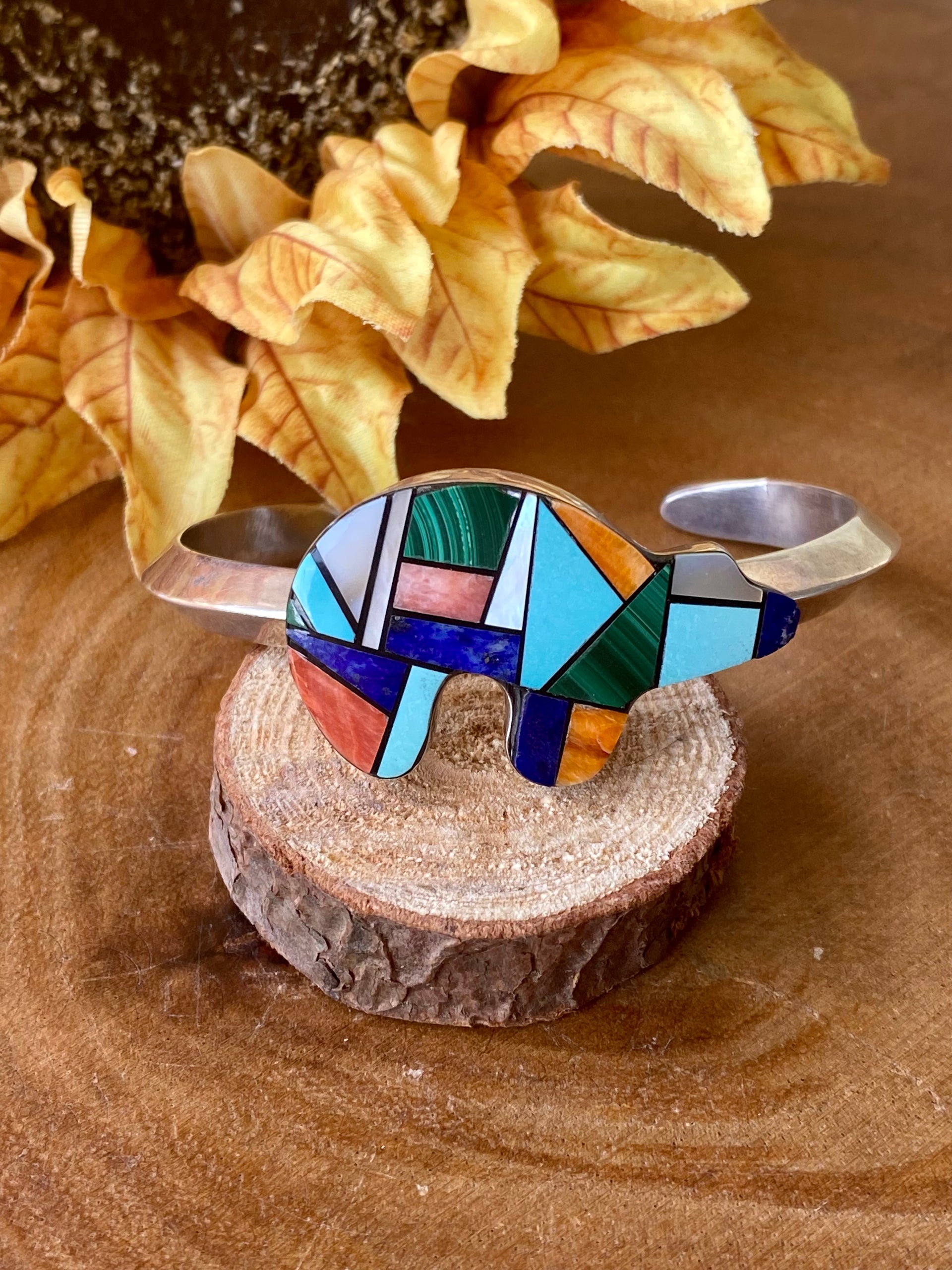 Navajo Made Multi Stone & Sterling Silver Inlay Bear Cuff Bracelet