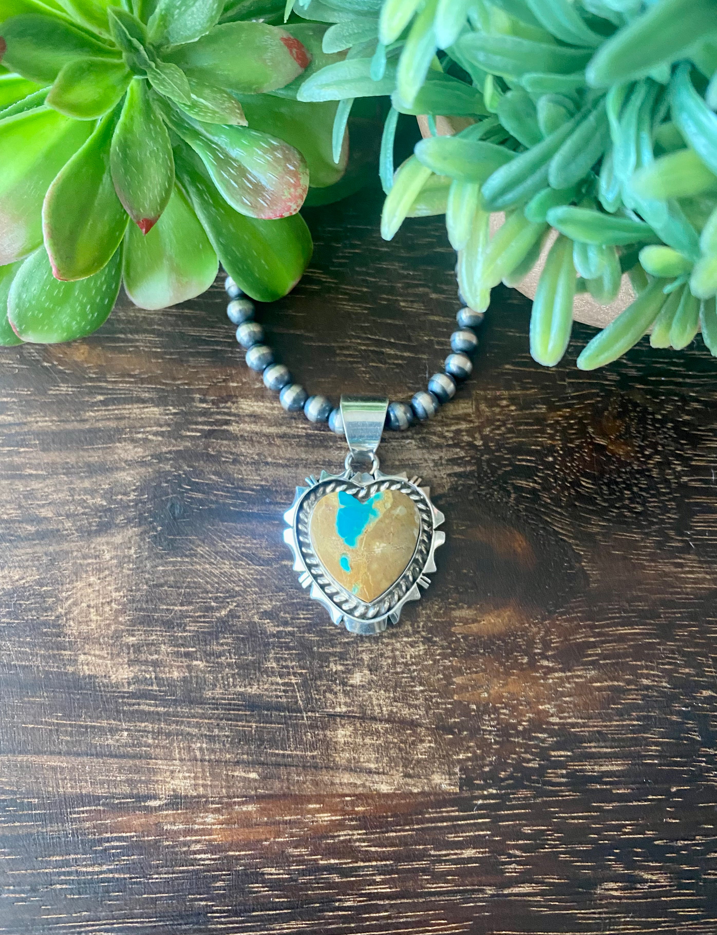 Eddie Secatero Ribbon Royston Turquoise & Sterling Silver Heart Pendant