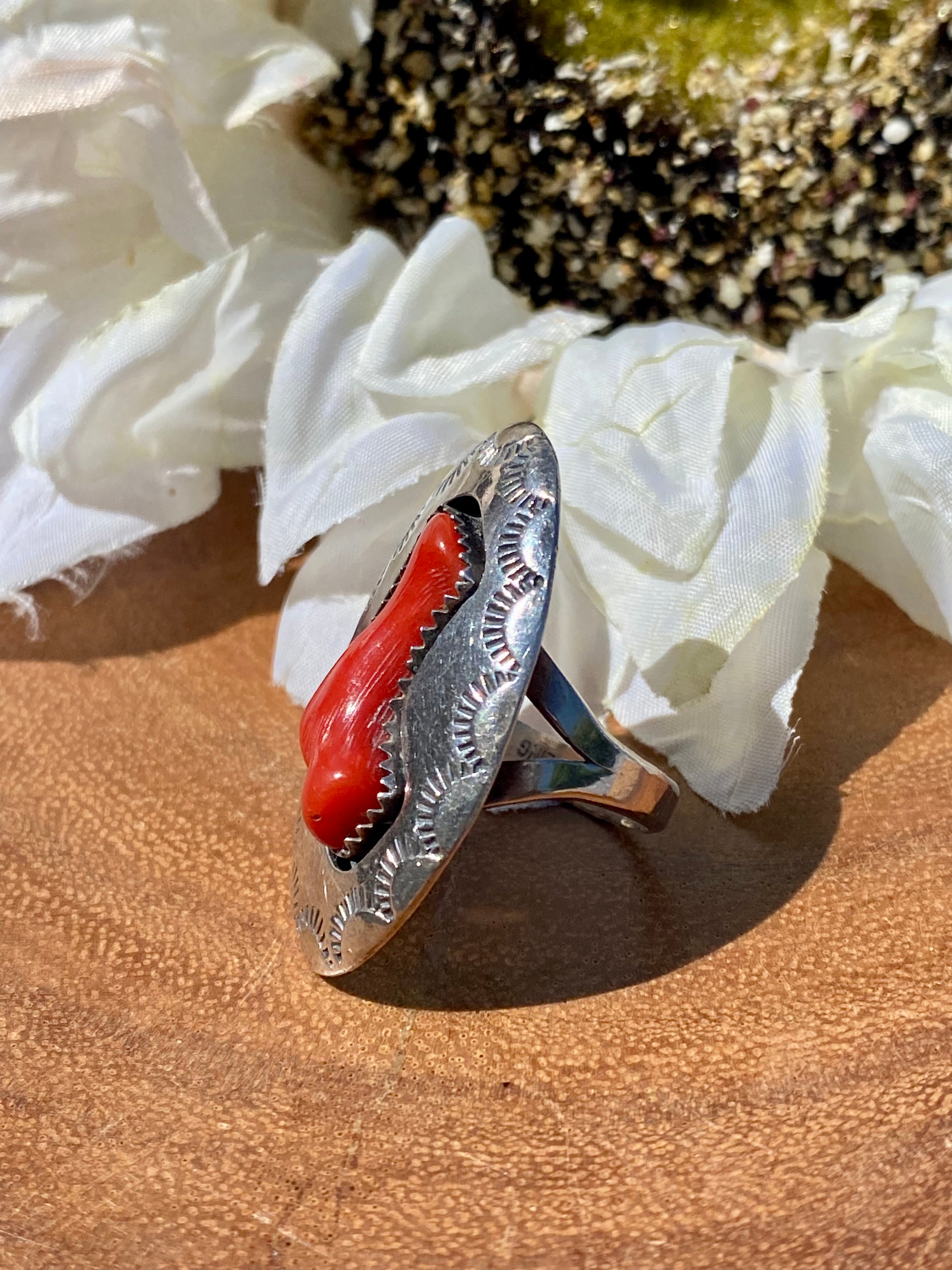 Vintage Navajo Made Coral & Sterling Silver Ring Size 6.75
