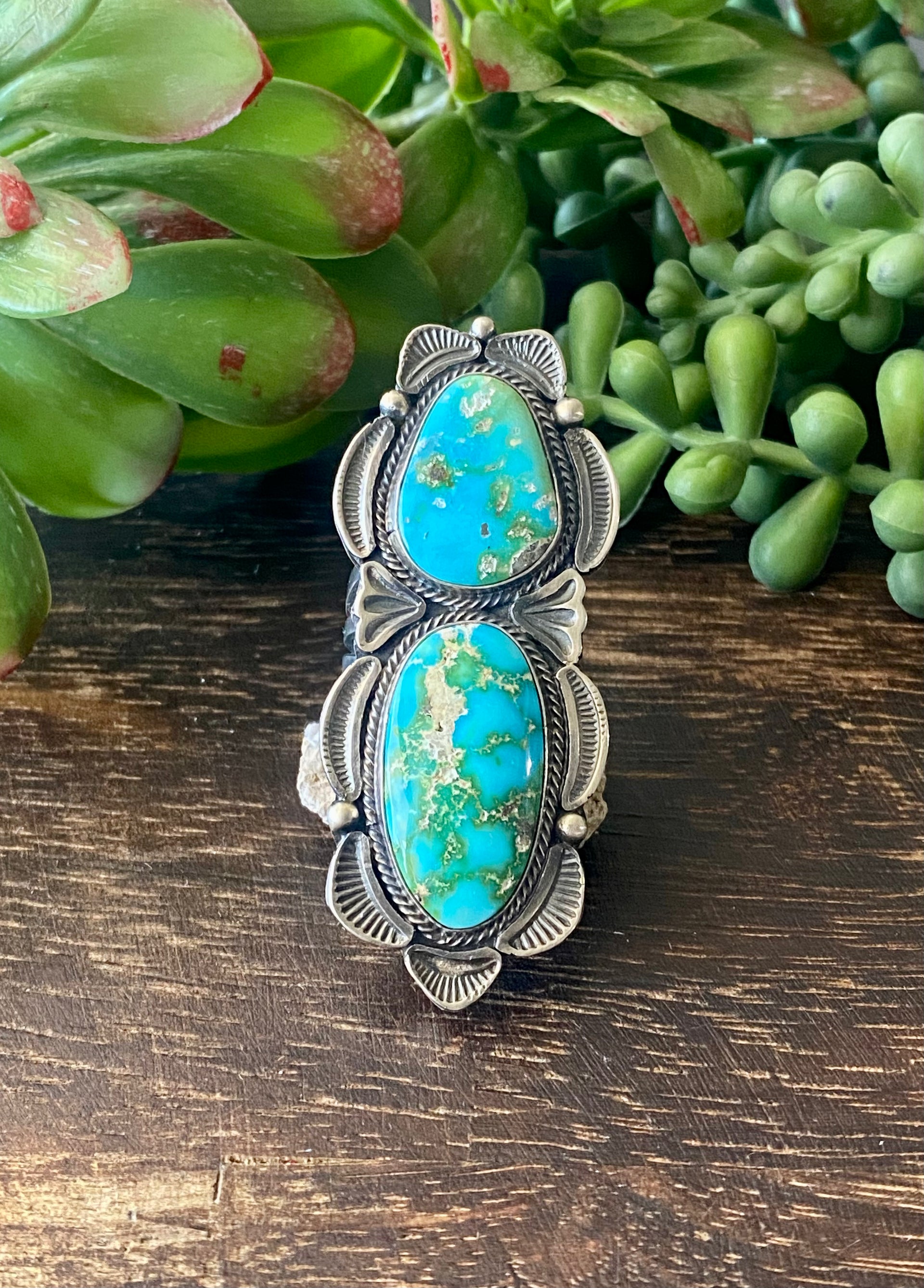 Sheila Tso Sonoran Mountain Turquoise Sterling Silver Cluster Ring Size 8.25