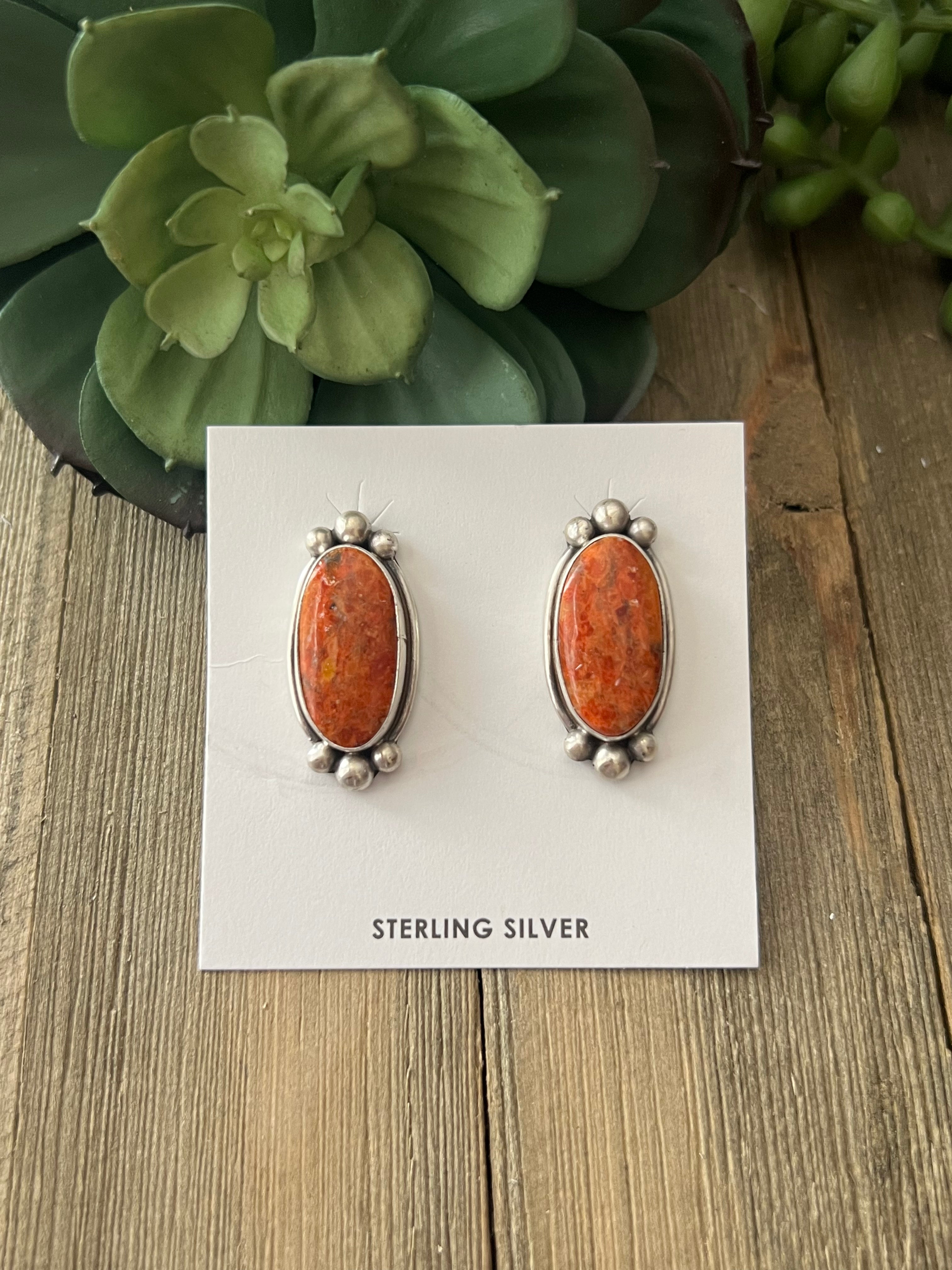 Navajo Made Apple Coral & Sterling Silver Post Earrings