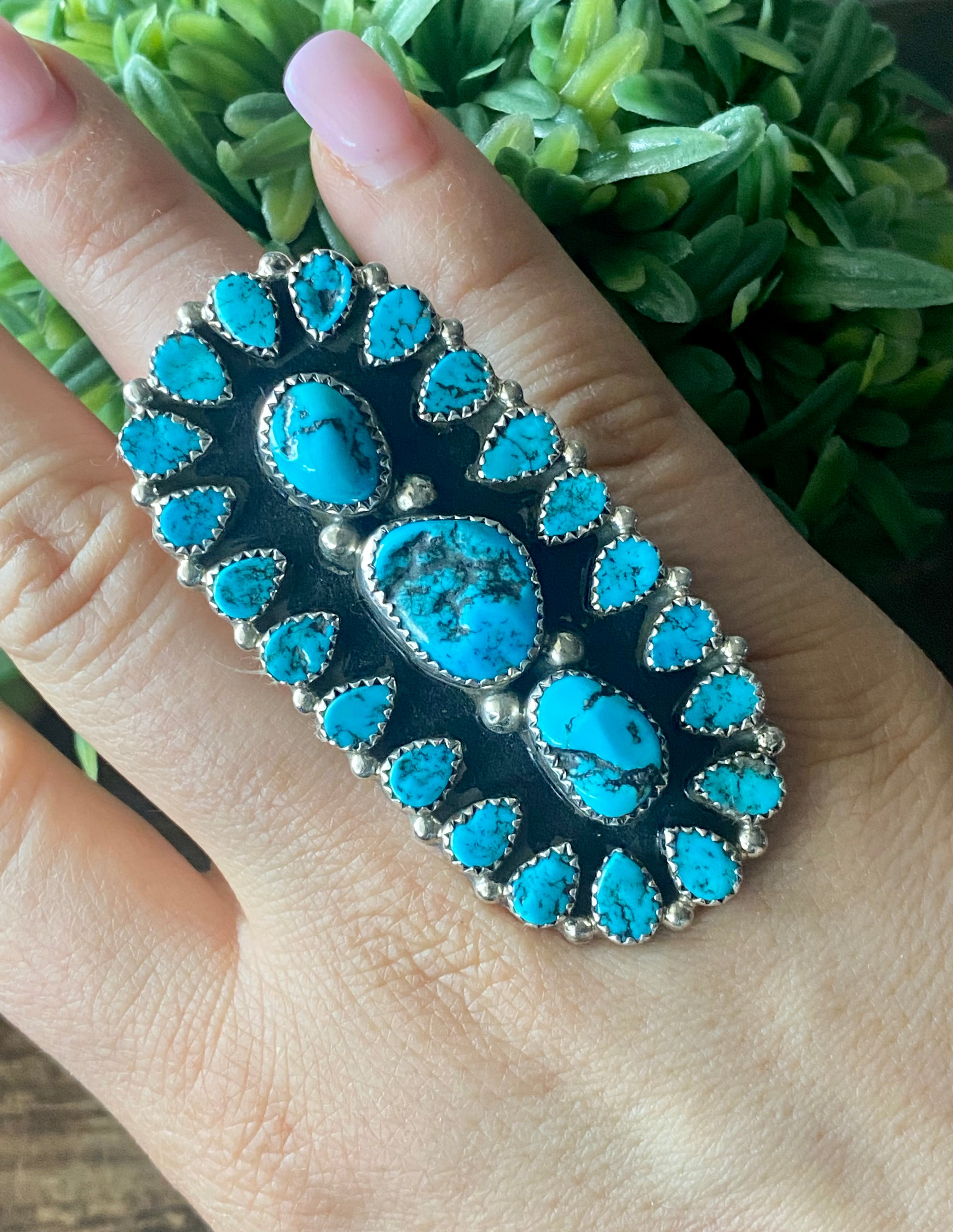 Marlene Haley Kingman Turquoise & Sterling Silver Adjustable Ring Size 7