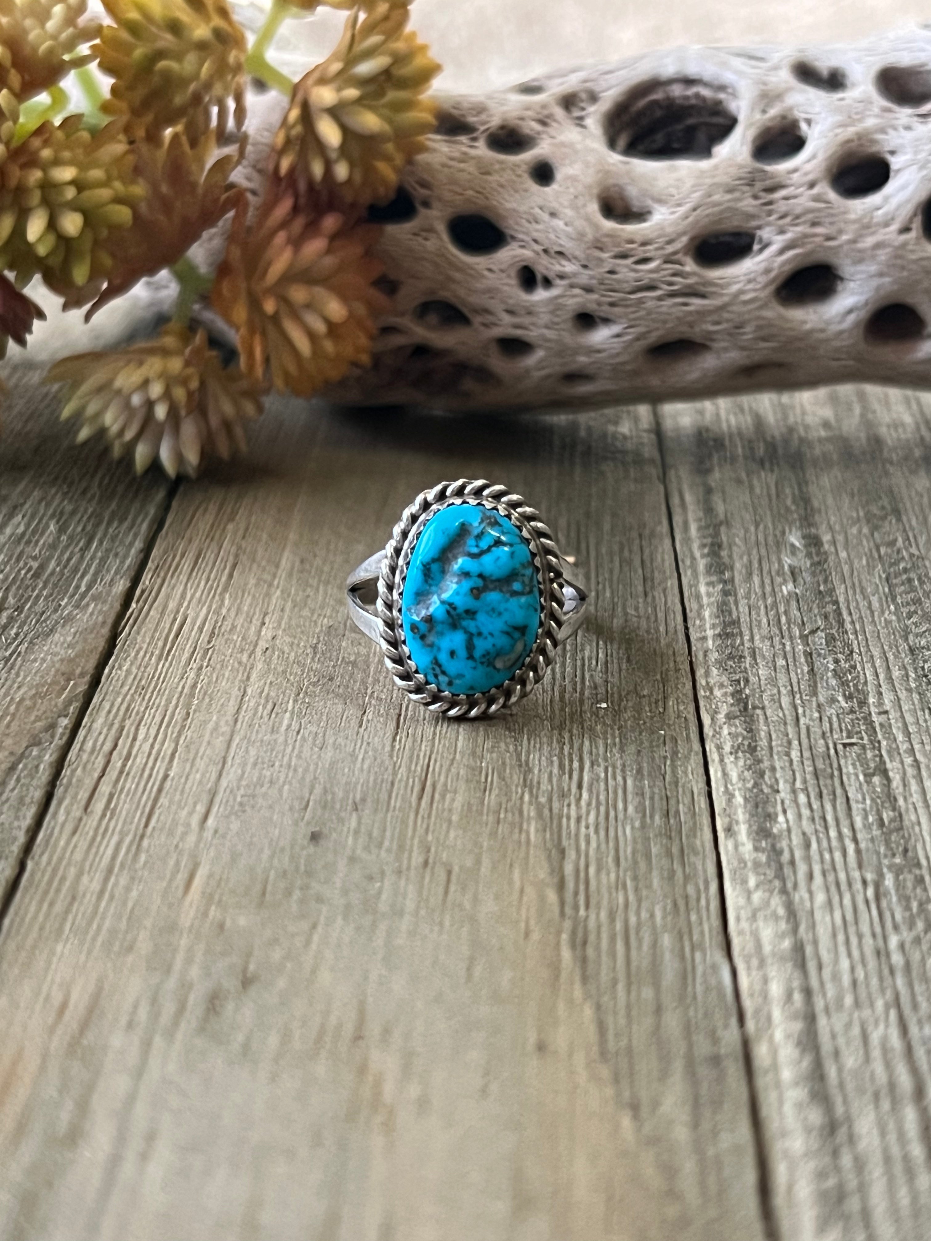 Navajo Made Kingman Turquoise & Sterling Silver Ring Size 8