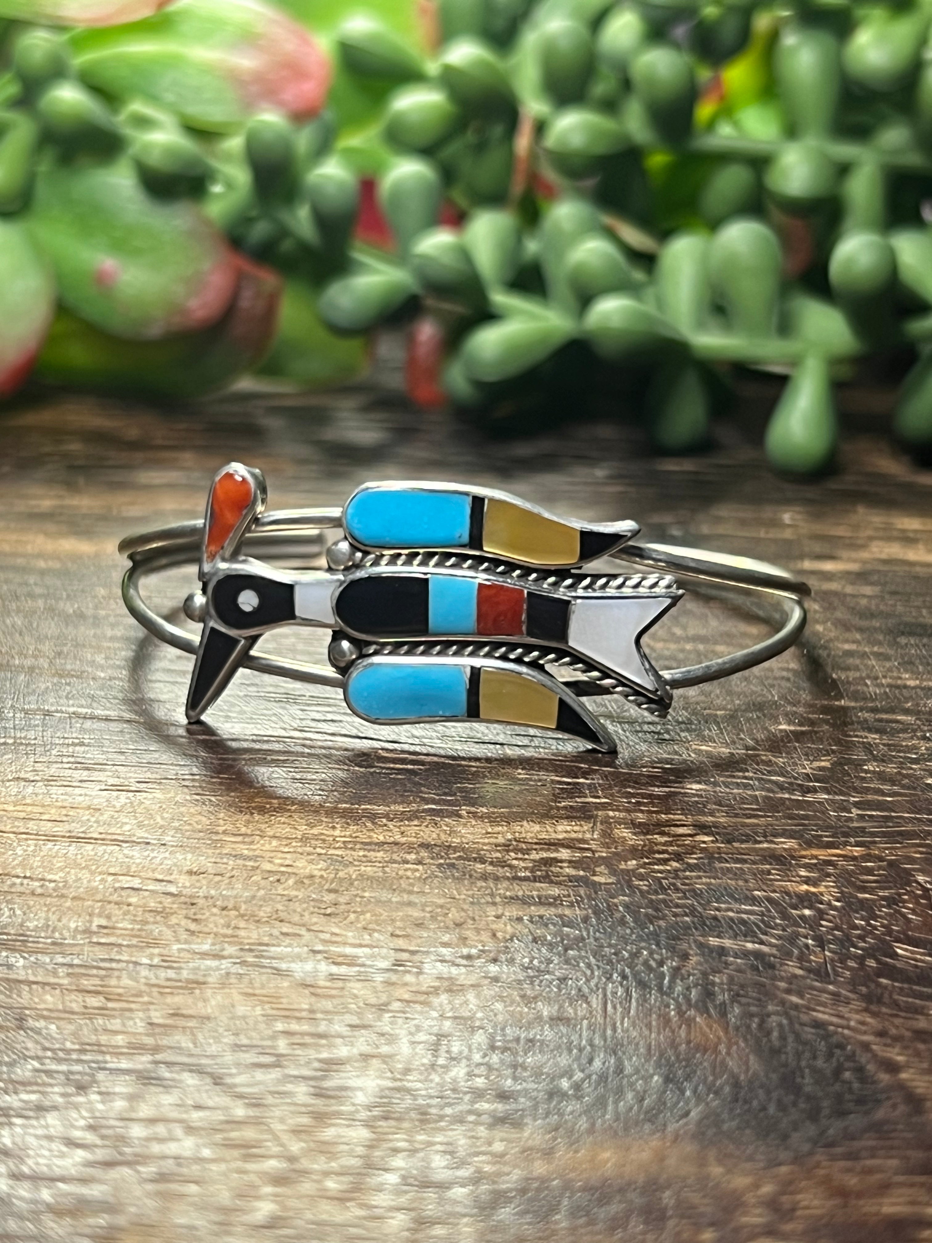 Zuni Made Multi Stone & Sterling Silver Thunderbird Cuff Bracelet