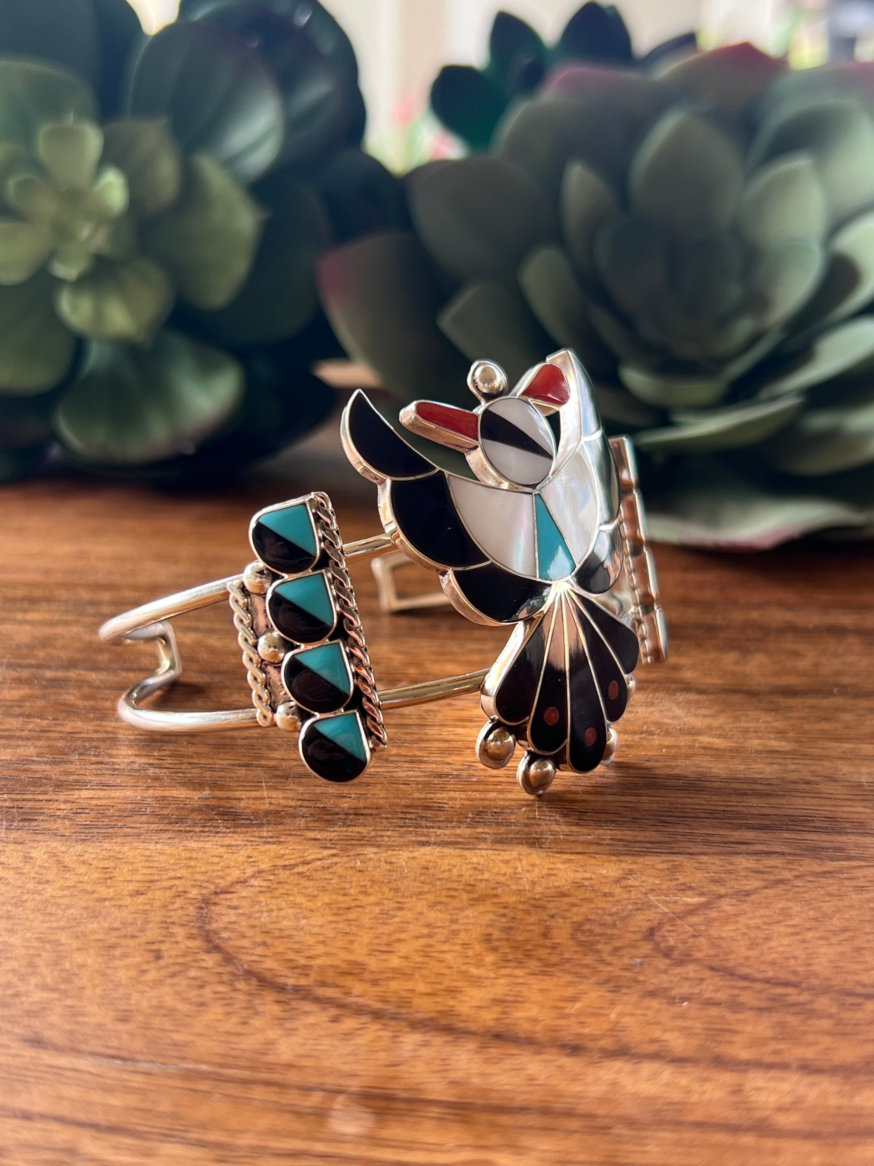 Zuni Made Multi Stone & Sterling Silver Thunderbird Cuff Bracelet