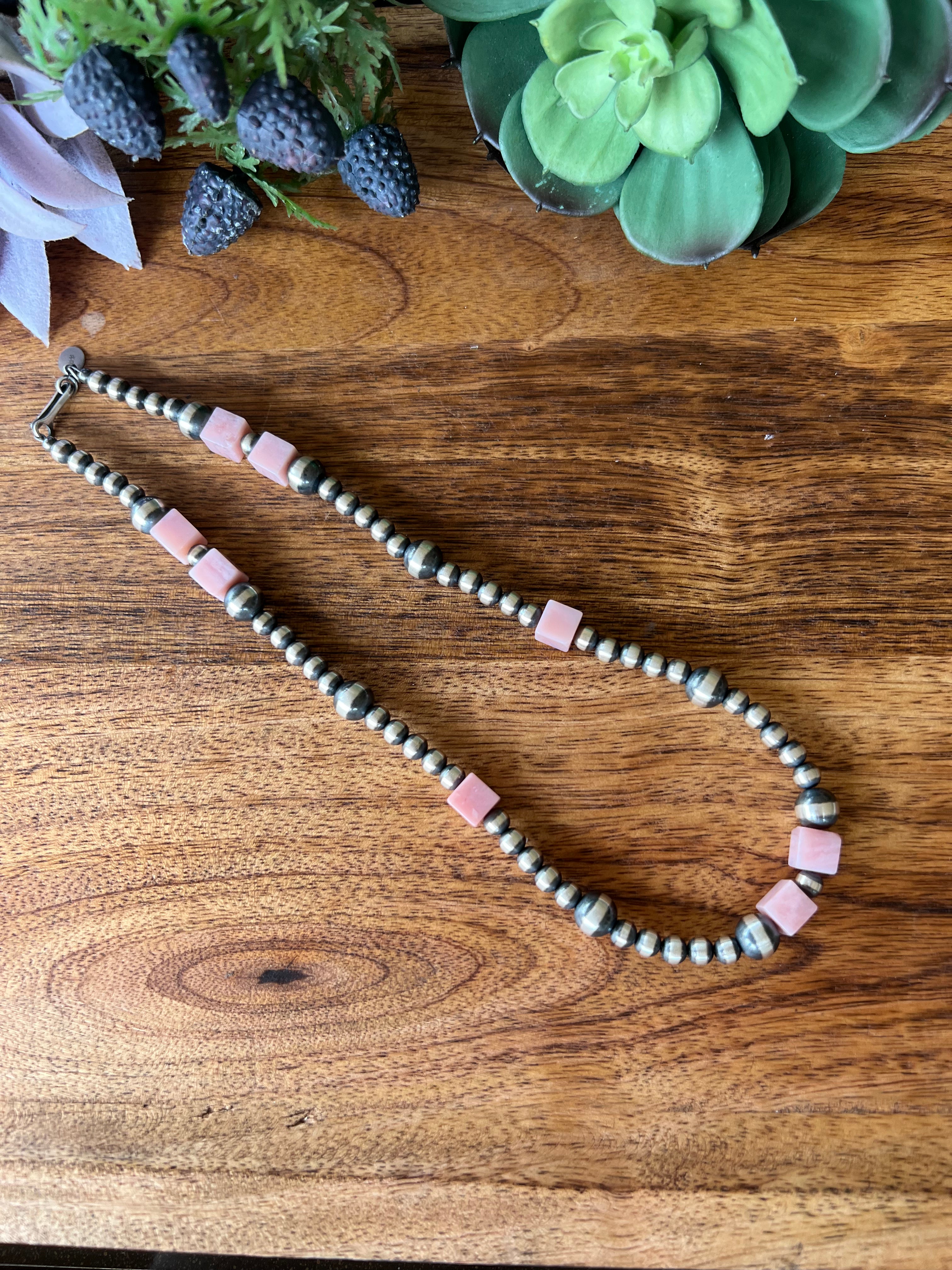 Navajo Pink Coral & Sterling Silver Graduated Pearl Necklace