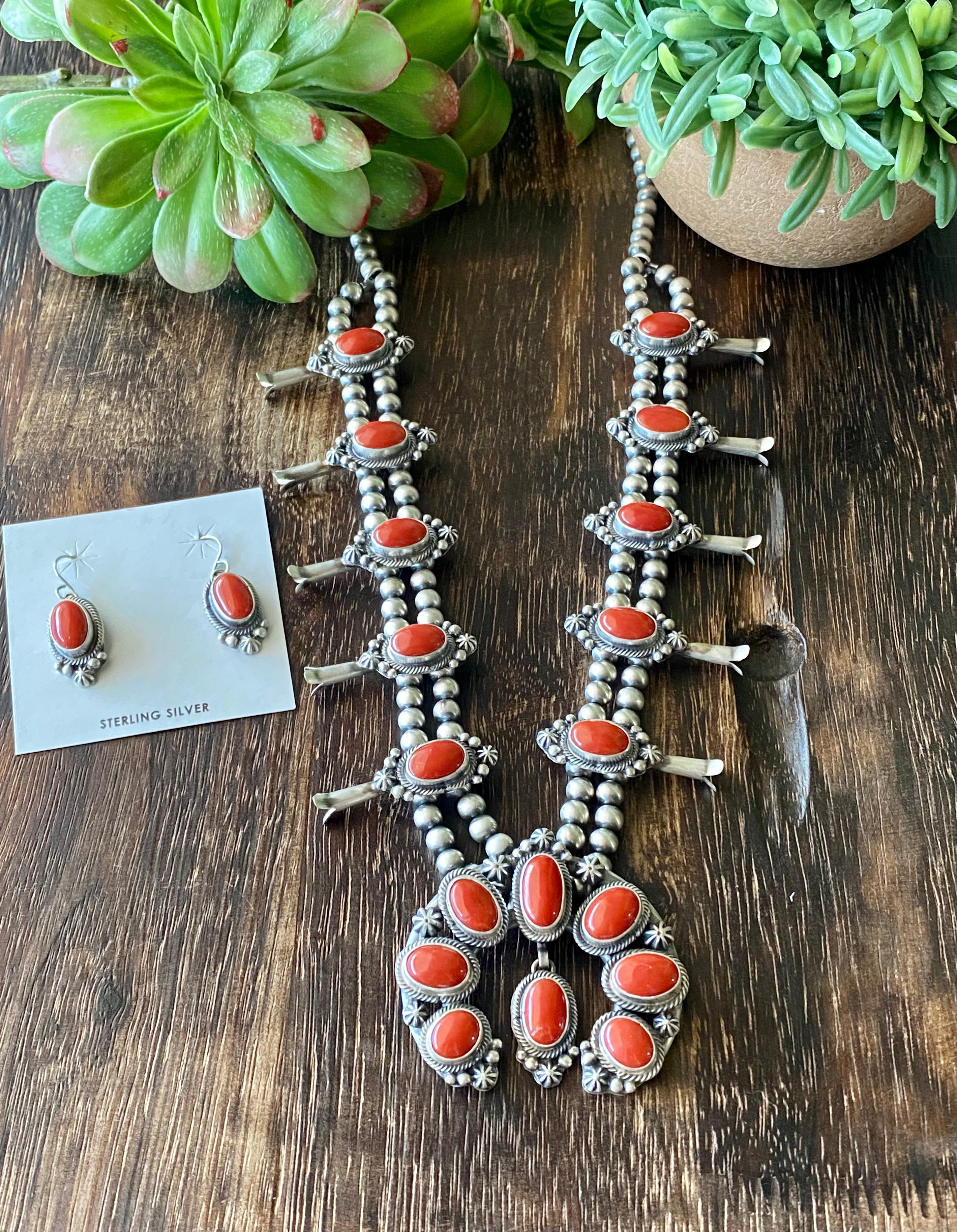 Thomas Francisco Mediterranean Coral & Sterling Silver Squash Blossom Necklace Set