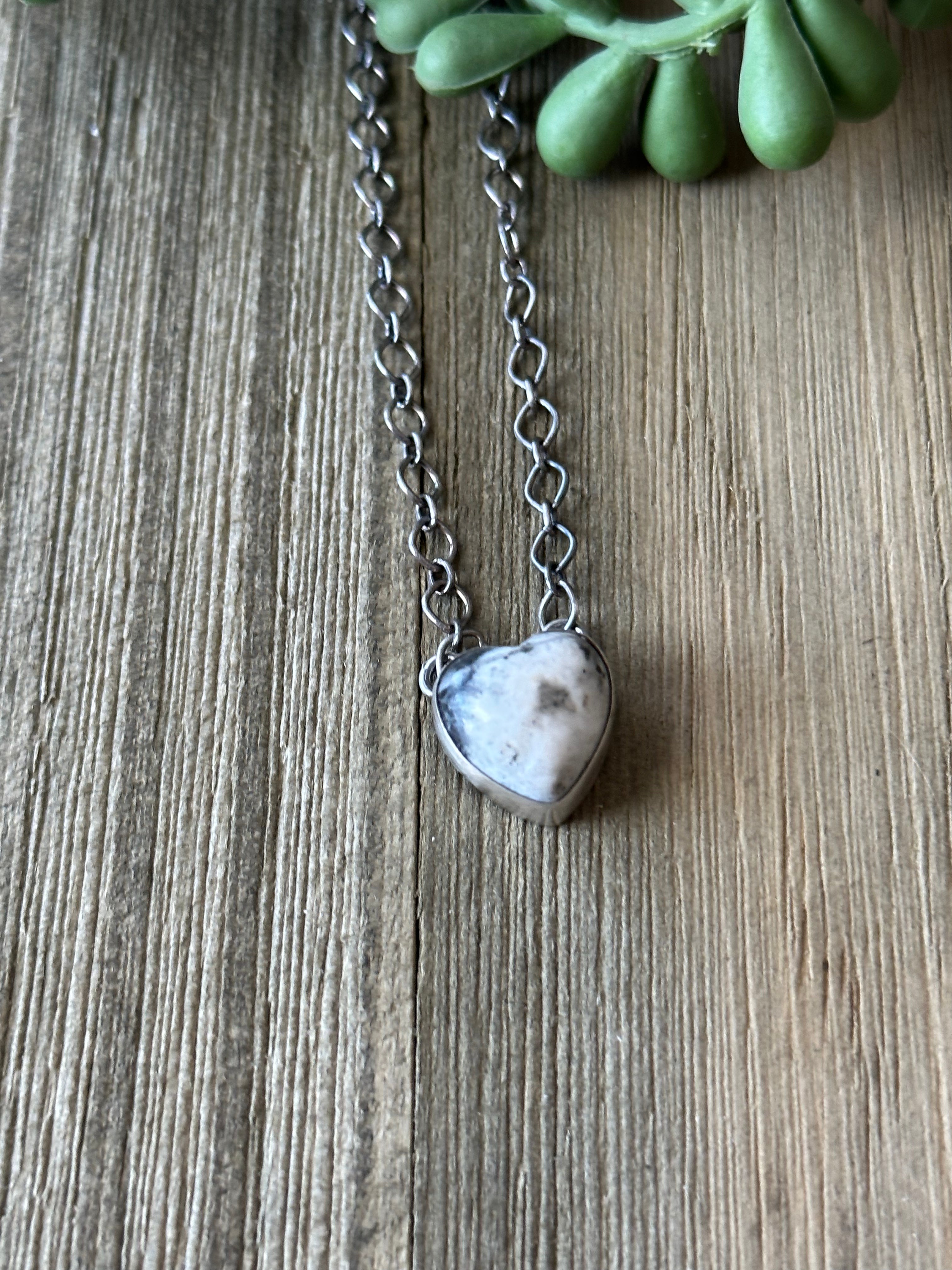 Navajo Made White Buffalo & Sterling Silver Heart Necklace