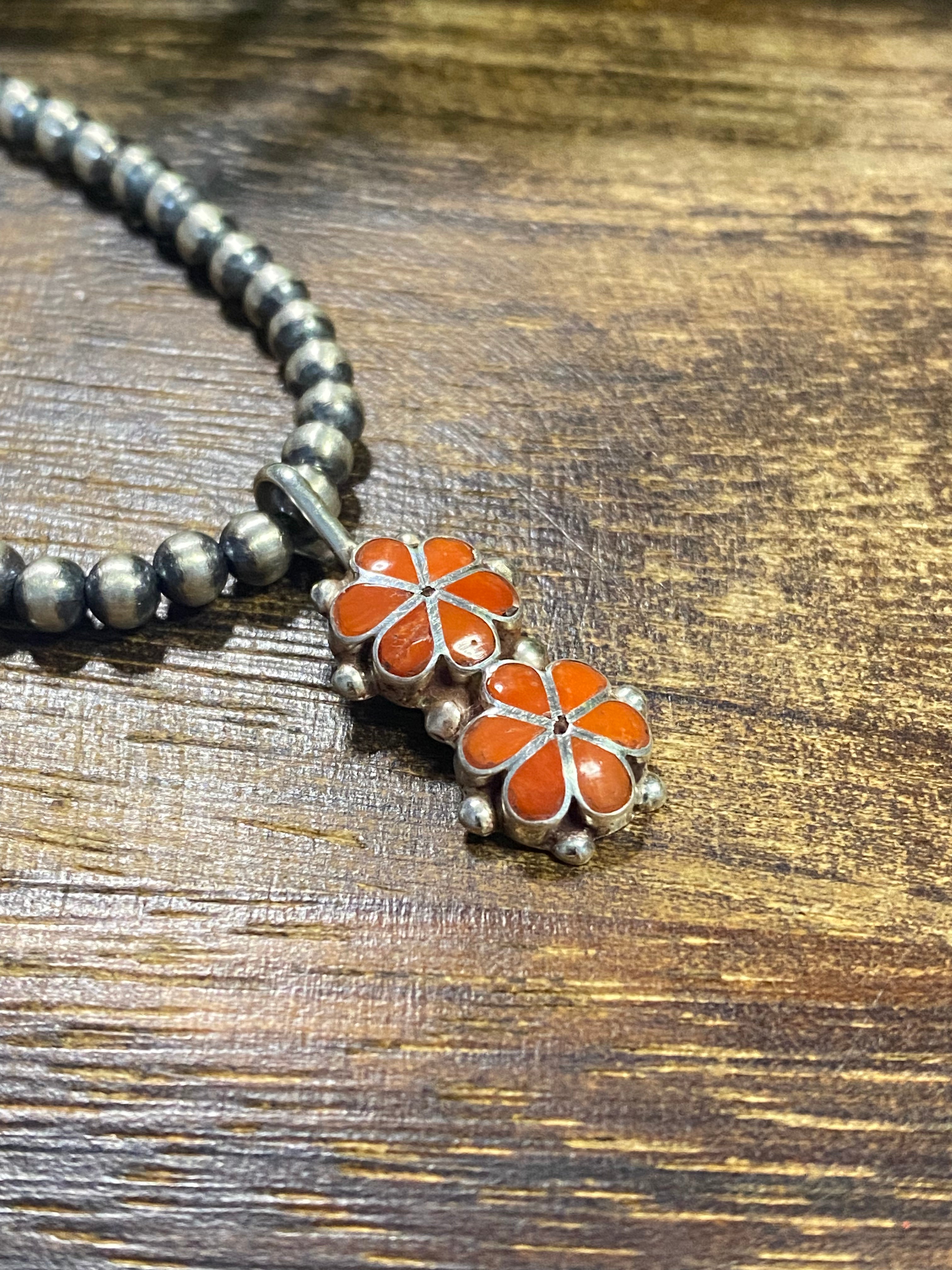 Zuni Made Coral & Sterling Silver Inlay Flower Pendant