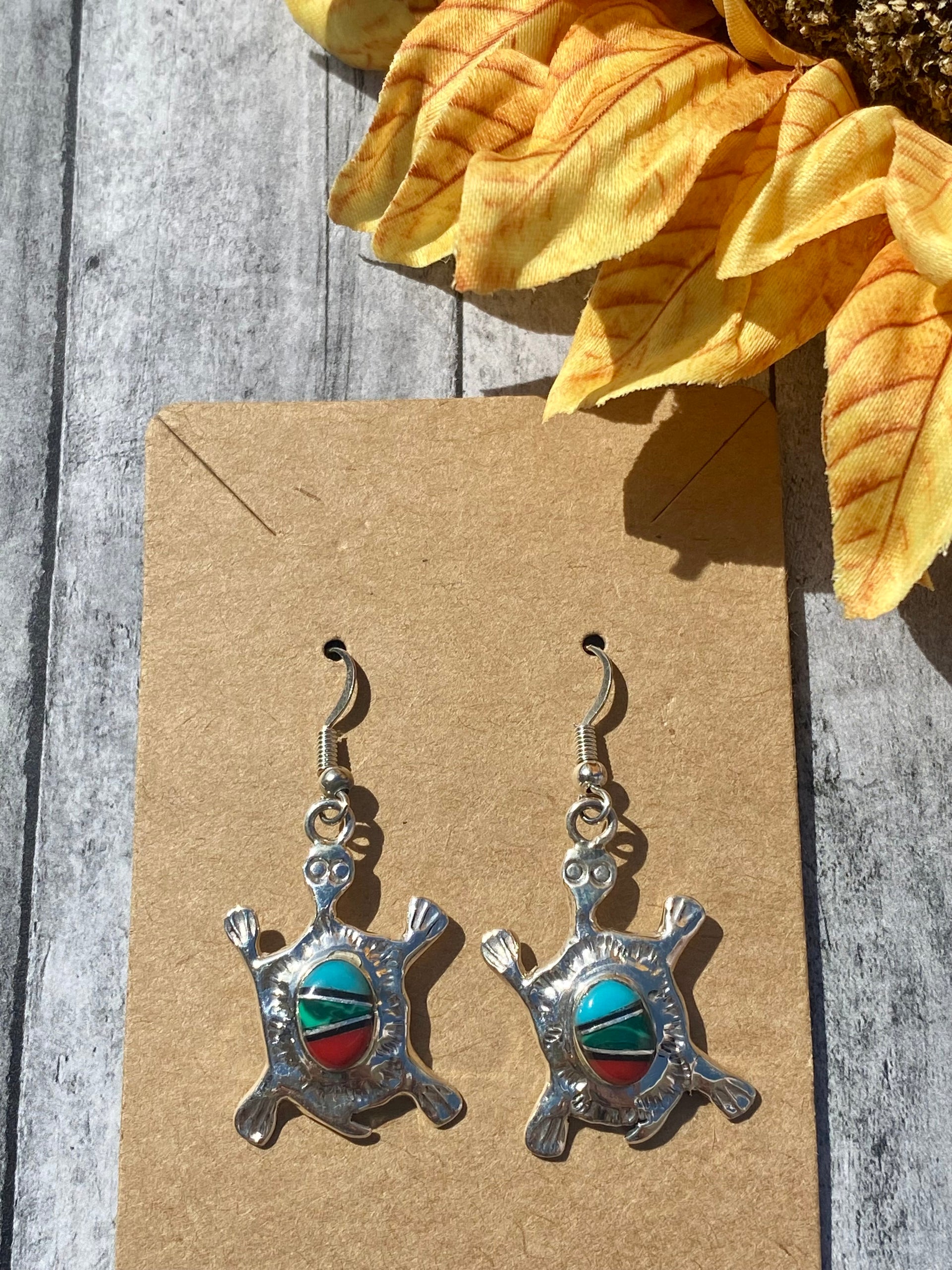 Joe Martinez Multi Stone & Sterling Silver Inlay Turtle Dangle Earrings