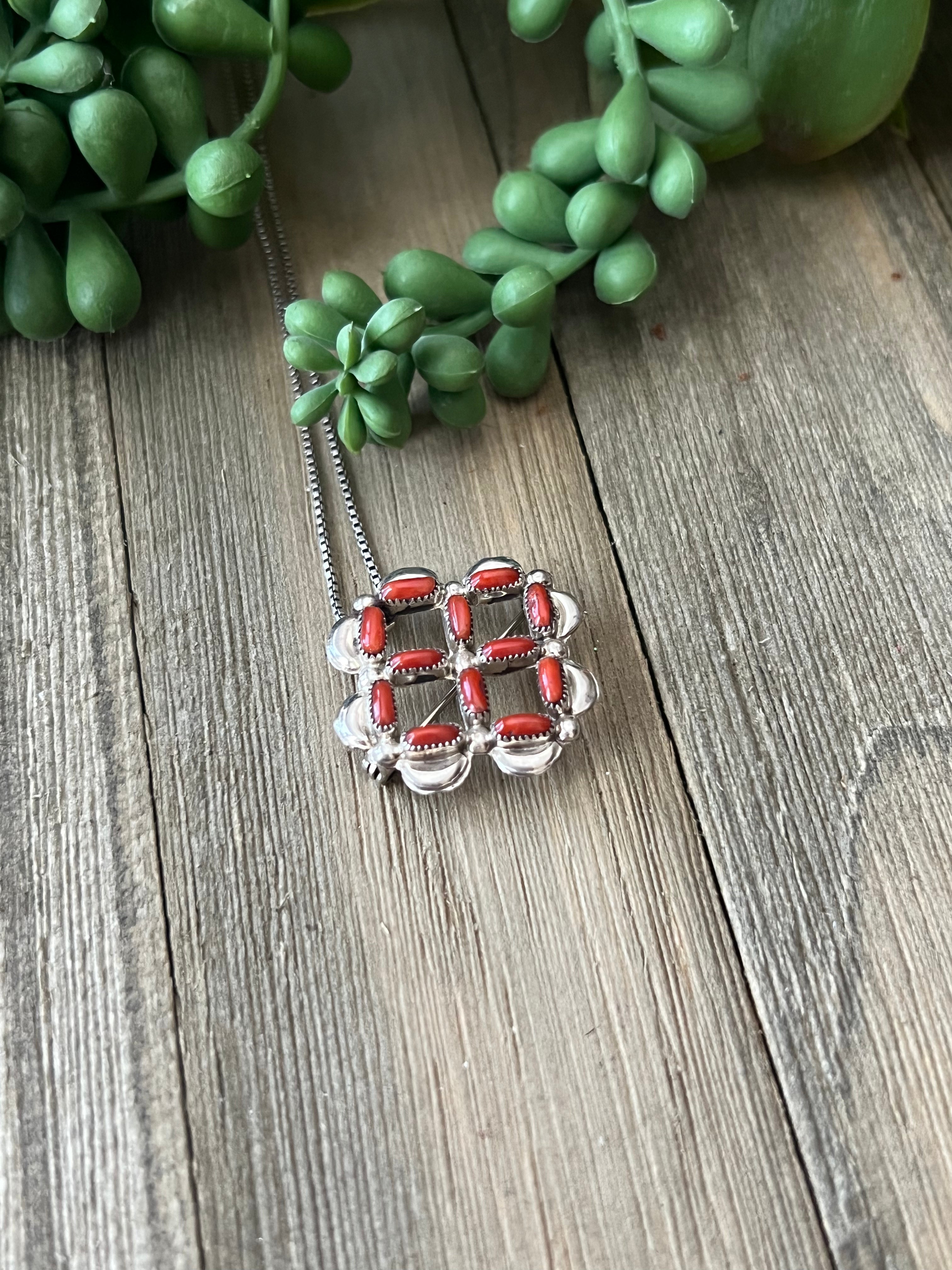 Zuni Made Red Coral & Sterling Silver Cluster Pendant