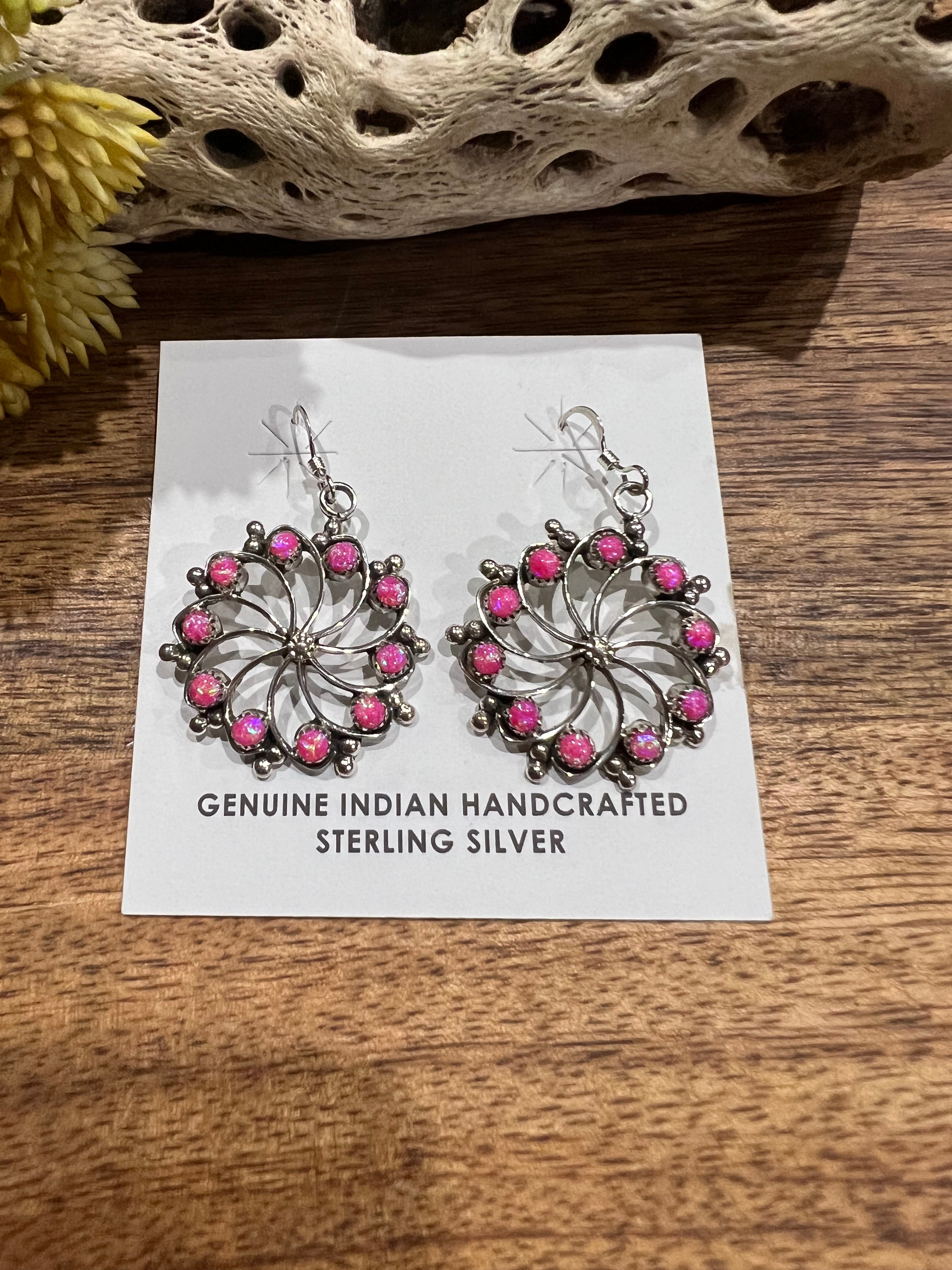 Navajo Made Pink Opal(Manmade) & Sterling Silver Dangle Earrings