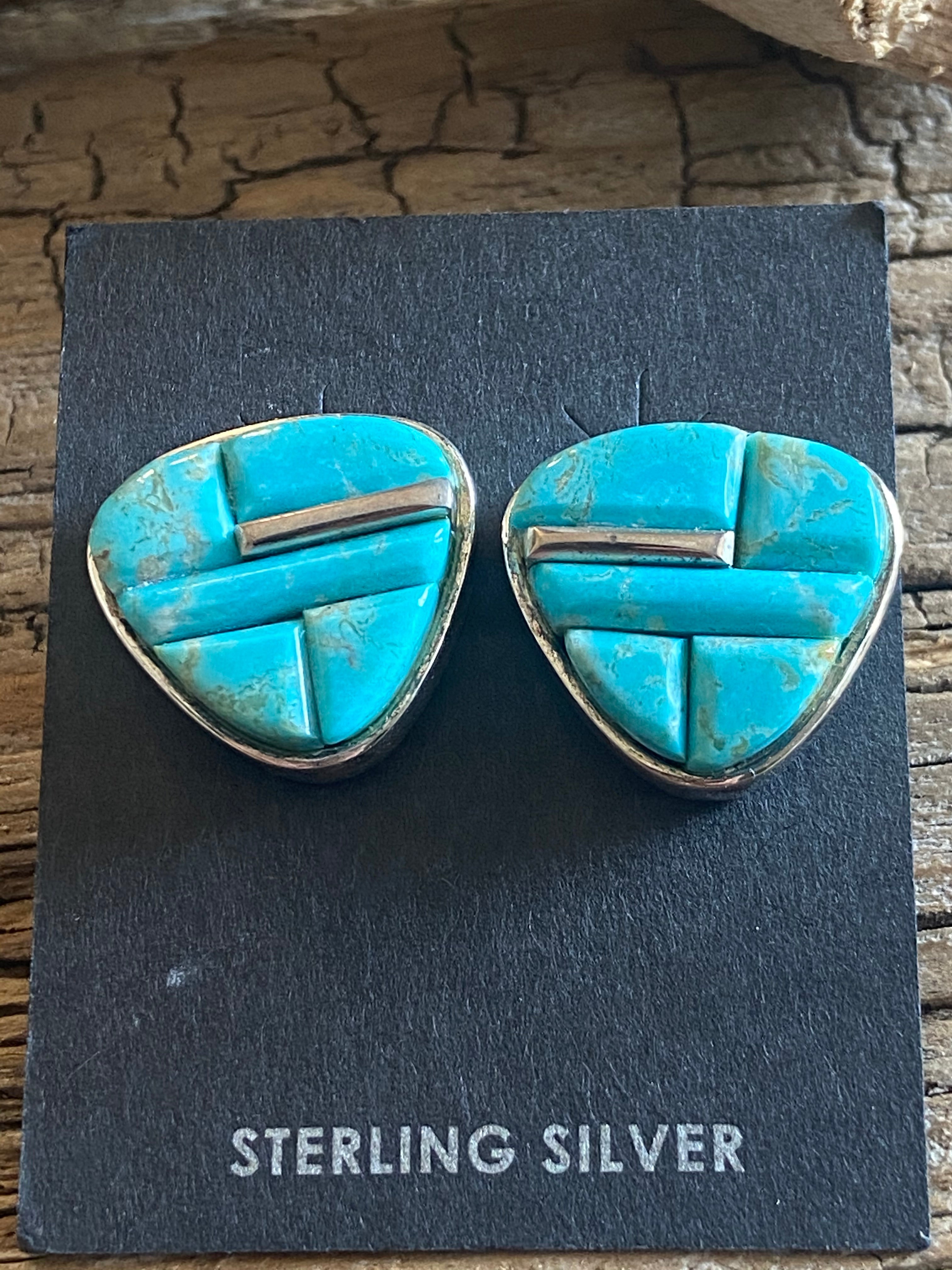 Navajo Number 8 Turquoise & Sterling Silver Inlay Post Earrings