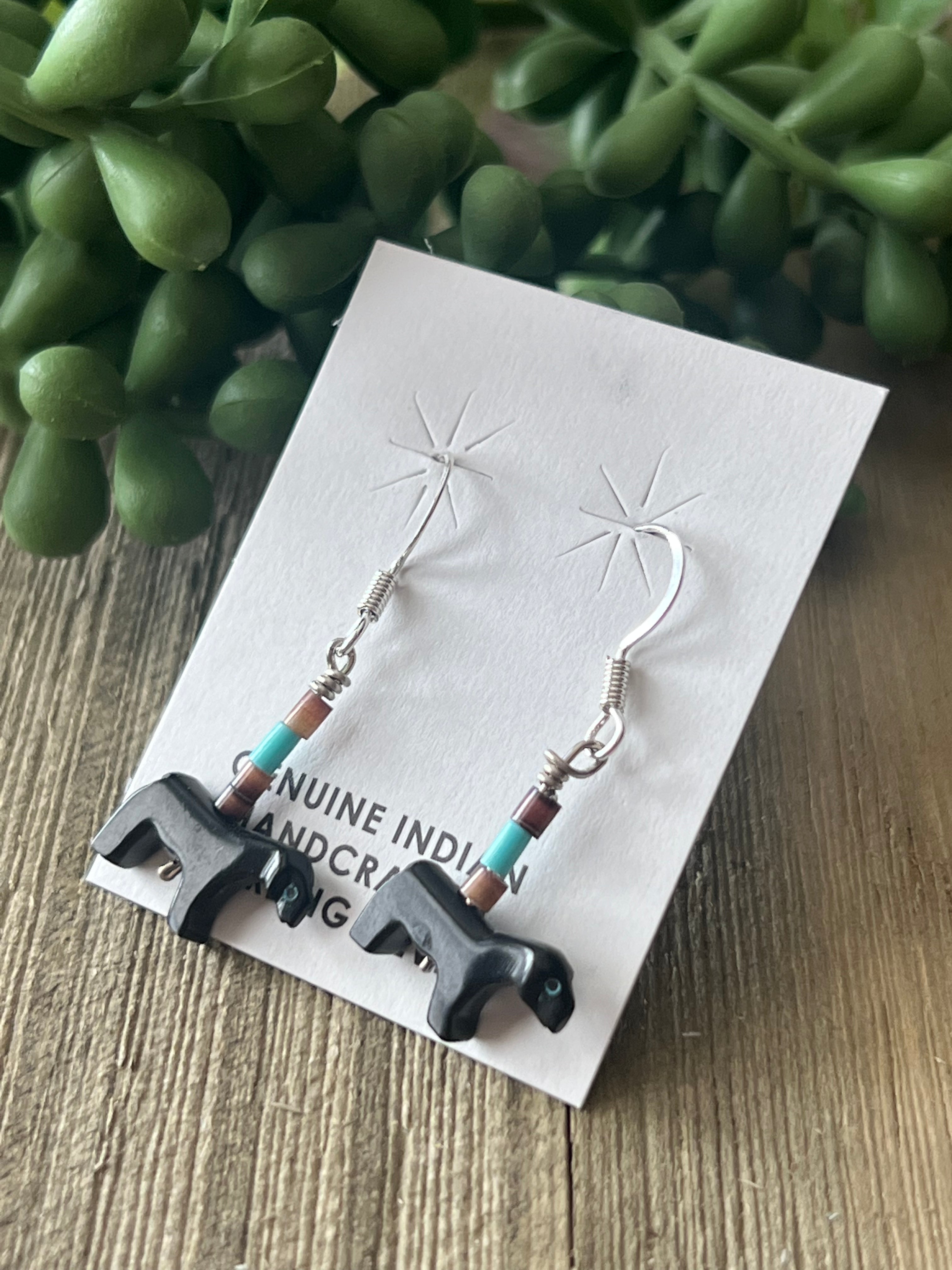 Zuni Made Fetish & Sterling Silver Horse Dangle Earrings