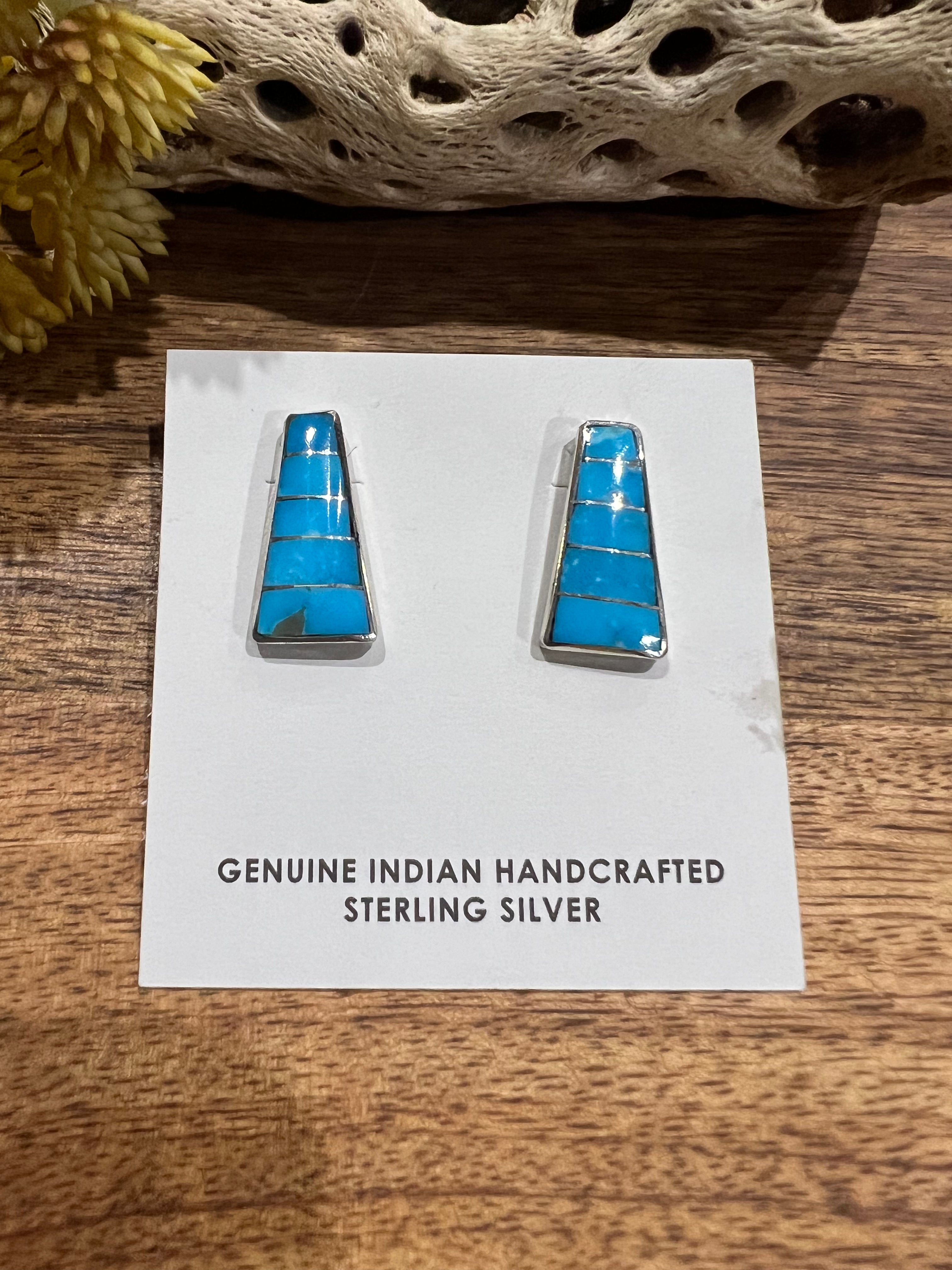 Zuni Made Kingman Turquoise & Sterling Silver Inlay Post Earrings Signed