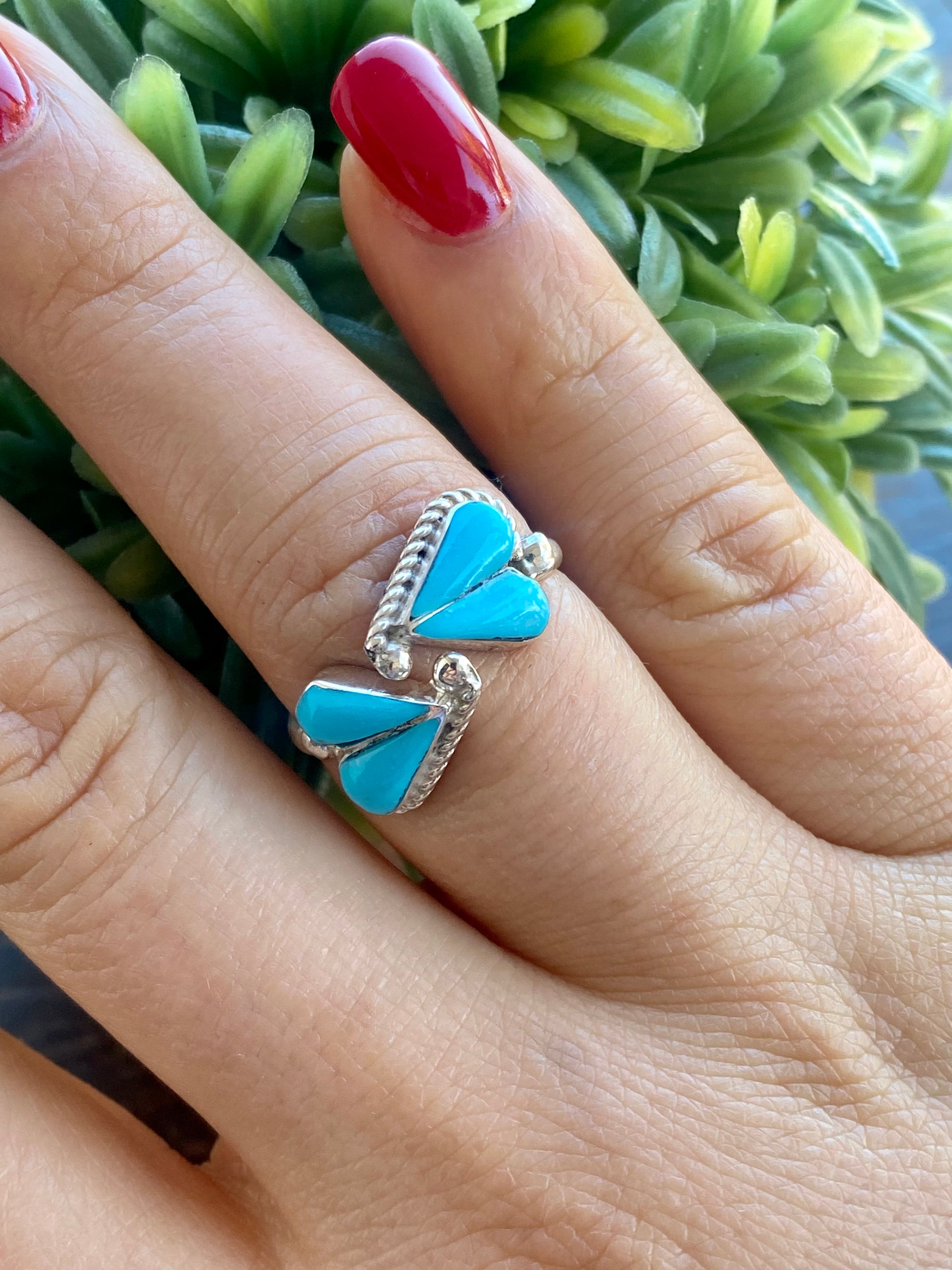 Zuni  Made Turquoise & Sterling Silver Inlay Heart Adjustable Rings