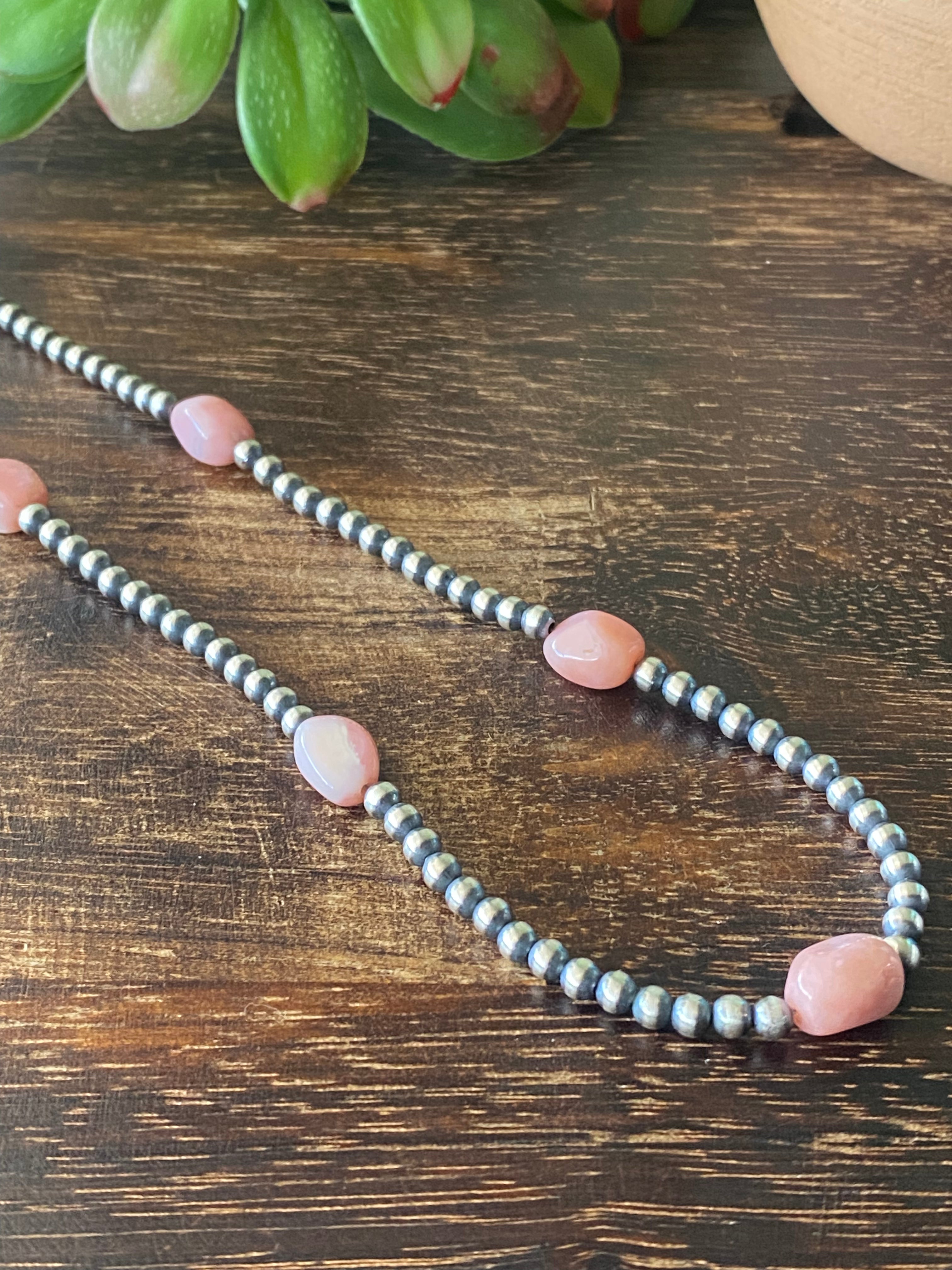 Navajo Made Pink Conch & Sterling Silver 4MM Pearl Necklace