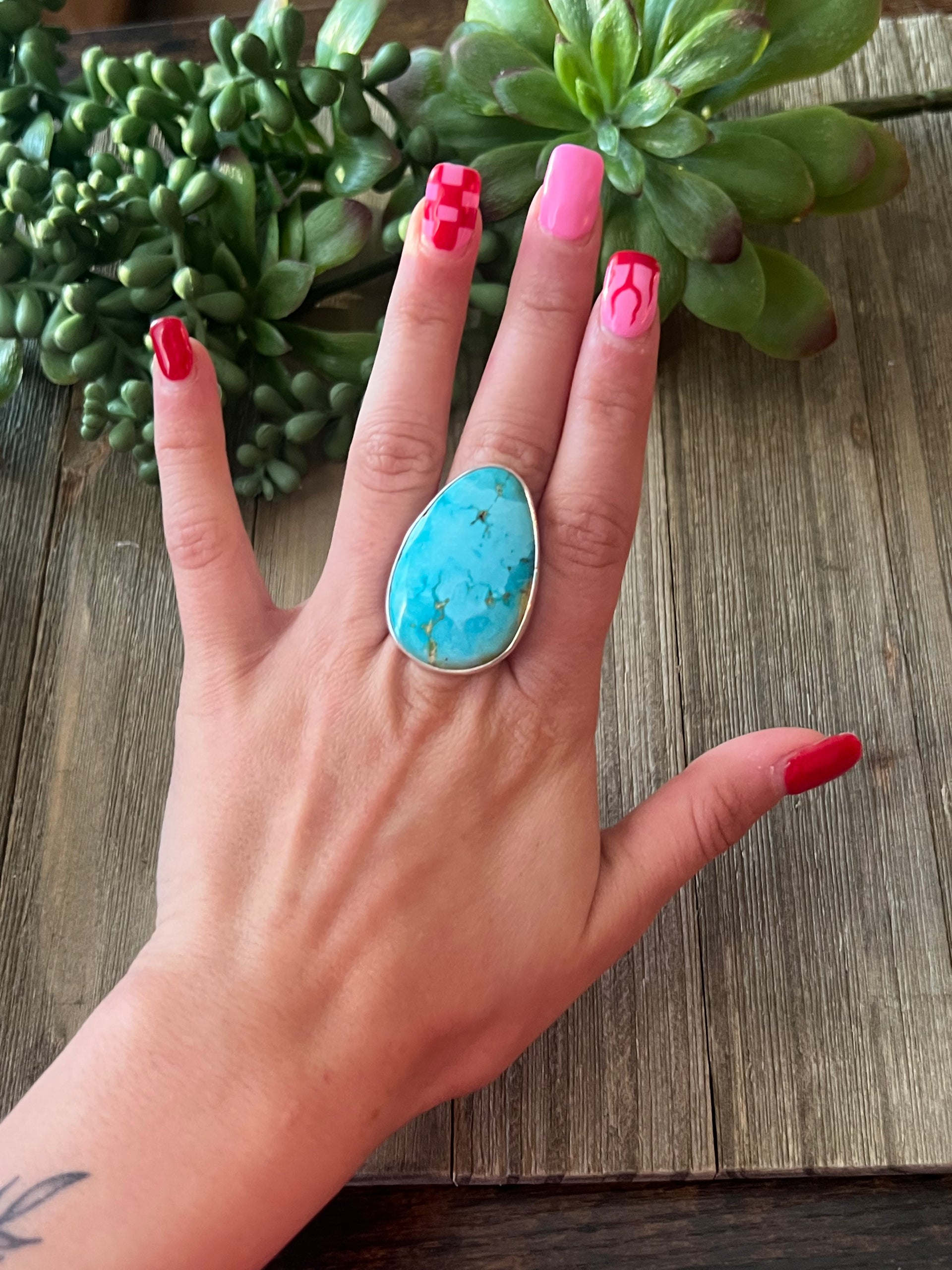 Navajo Made Sonoran Mountain Turquoise & Sterling Silver Ring Size 6.5