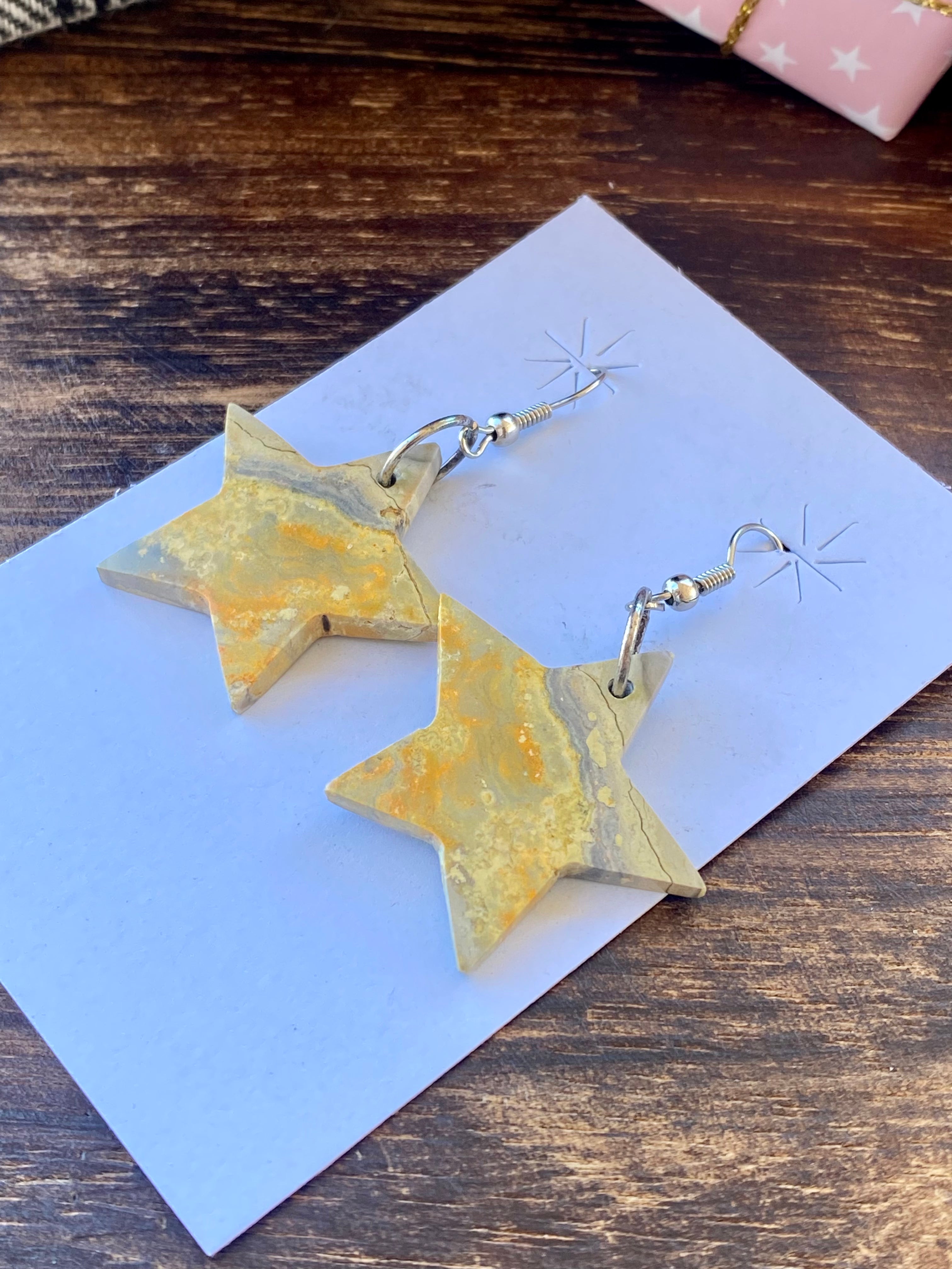 Southwest Handmade Bumblebee Jasper & Sterling Silver Star Dangle Earrings