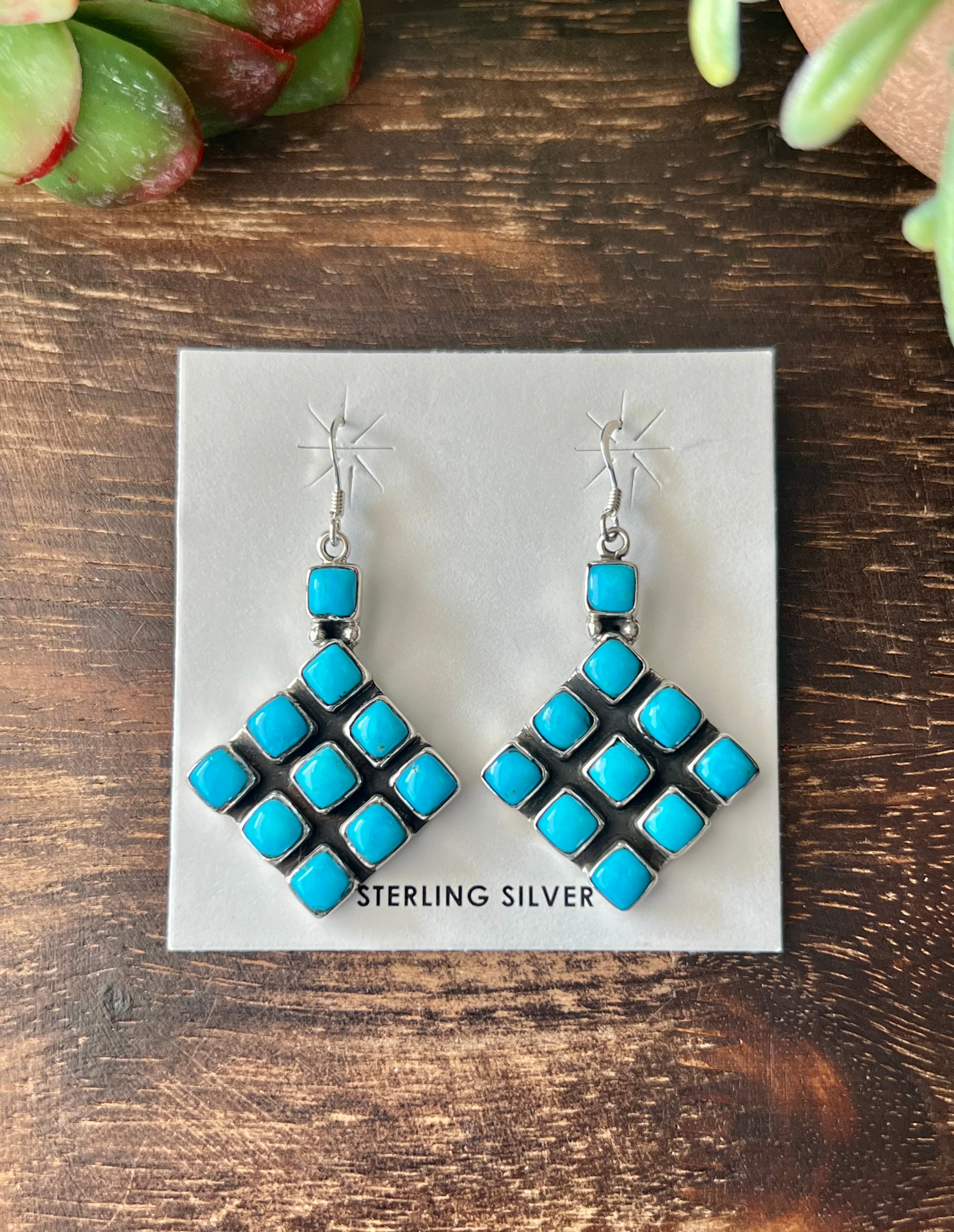 Navajo Made Kingman Turquoise & Sterling Silver Dangle Earrings