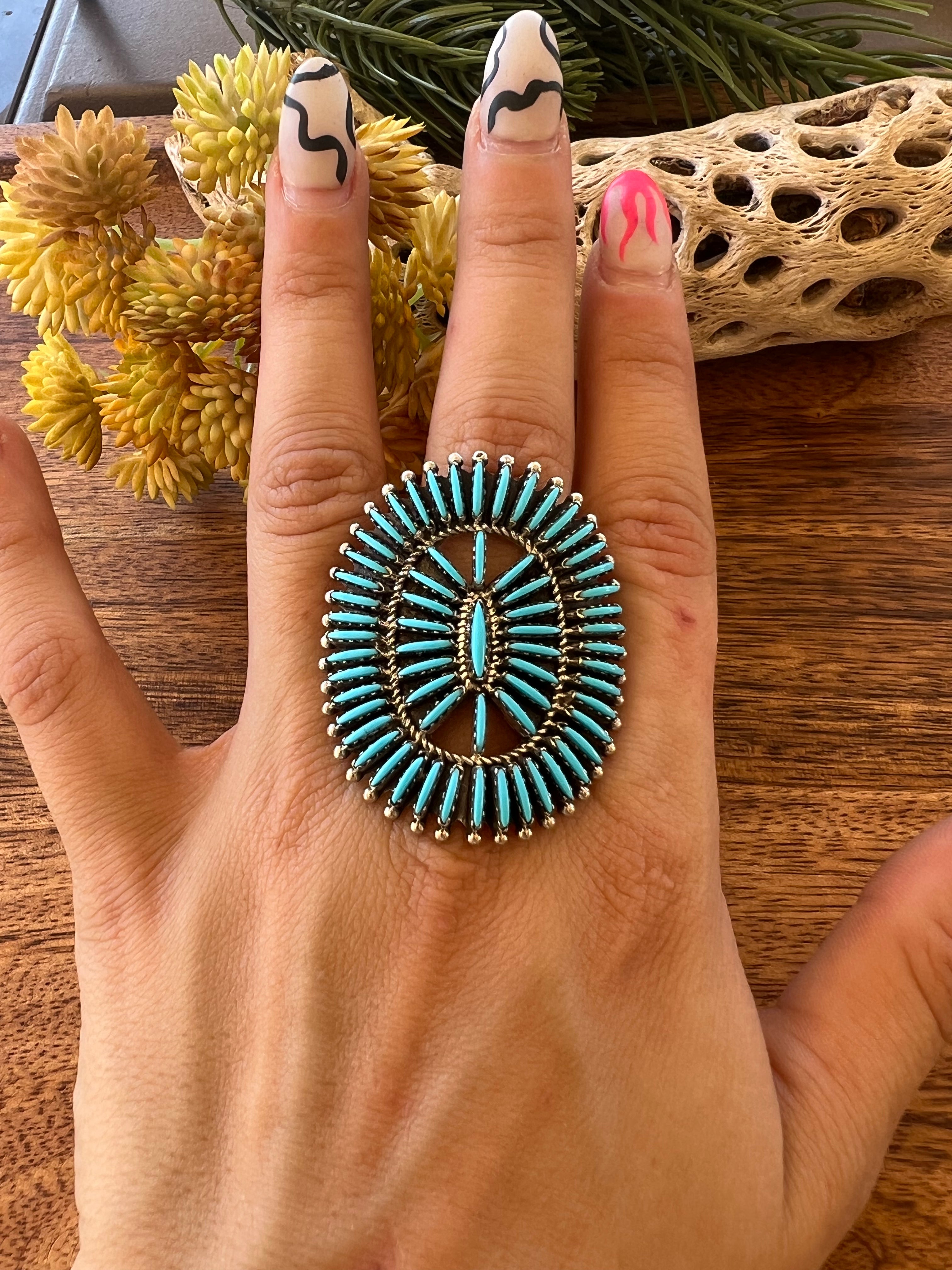 Southwest Handmade Turquoise & Sterling Silver Needlepoint Ring Size 7.75