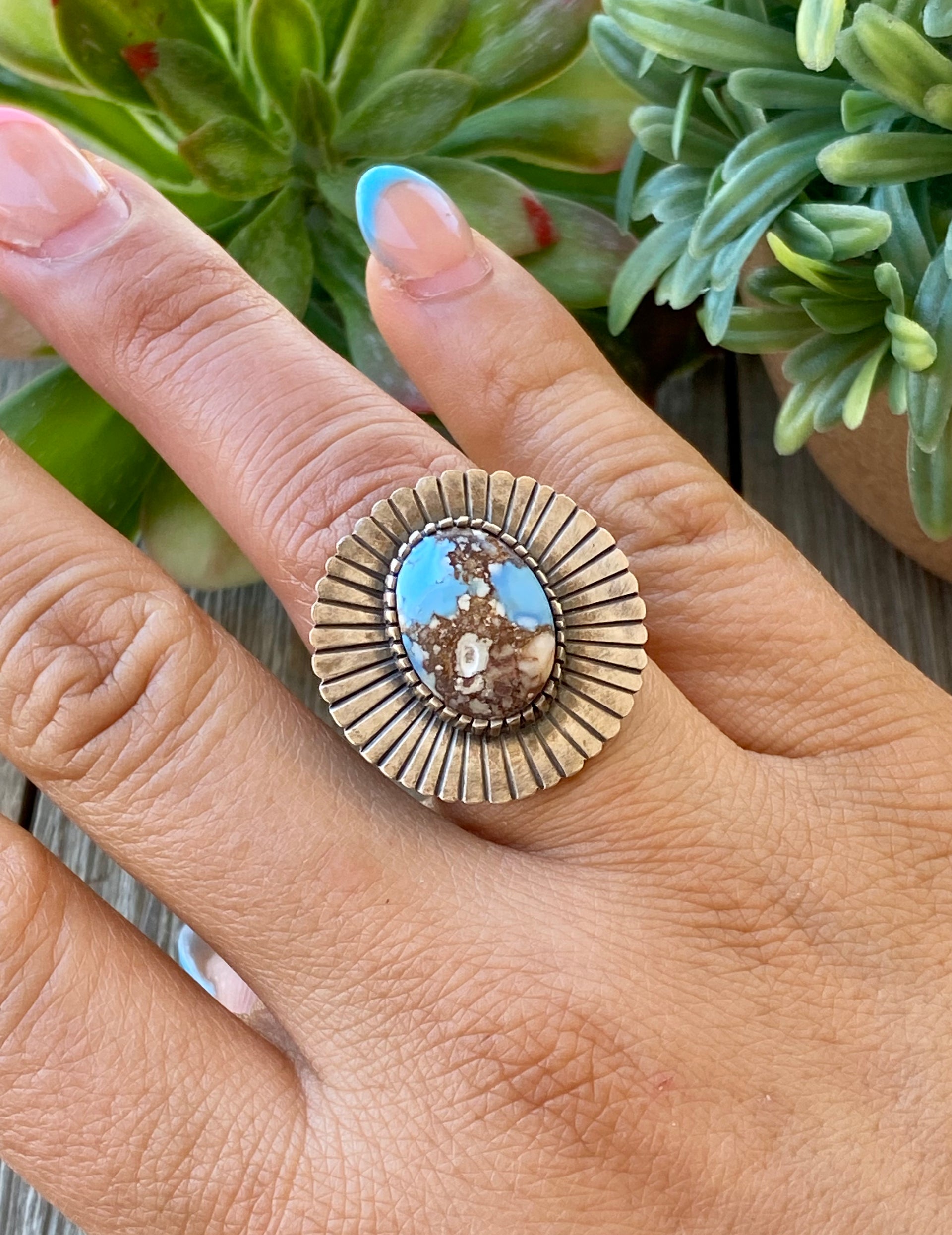 Navajo Made Golden Hill’s Turquoise & Sterling Silver Ring Size 8