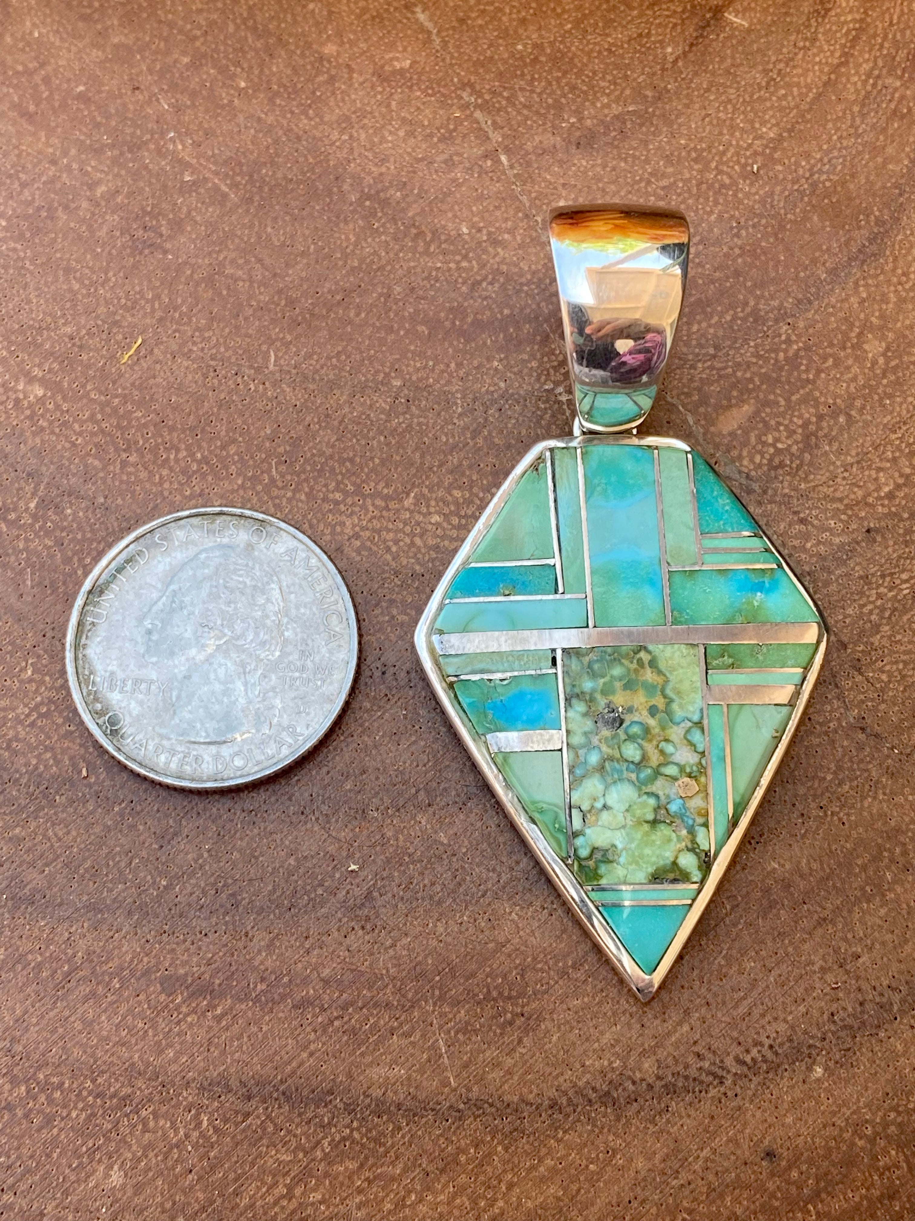 Navajo Made Sonoran Gold Turquoise & Sterling Silver Inlay Pendant