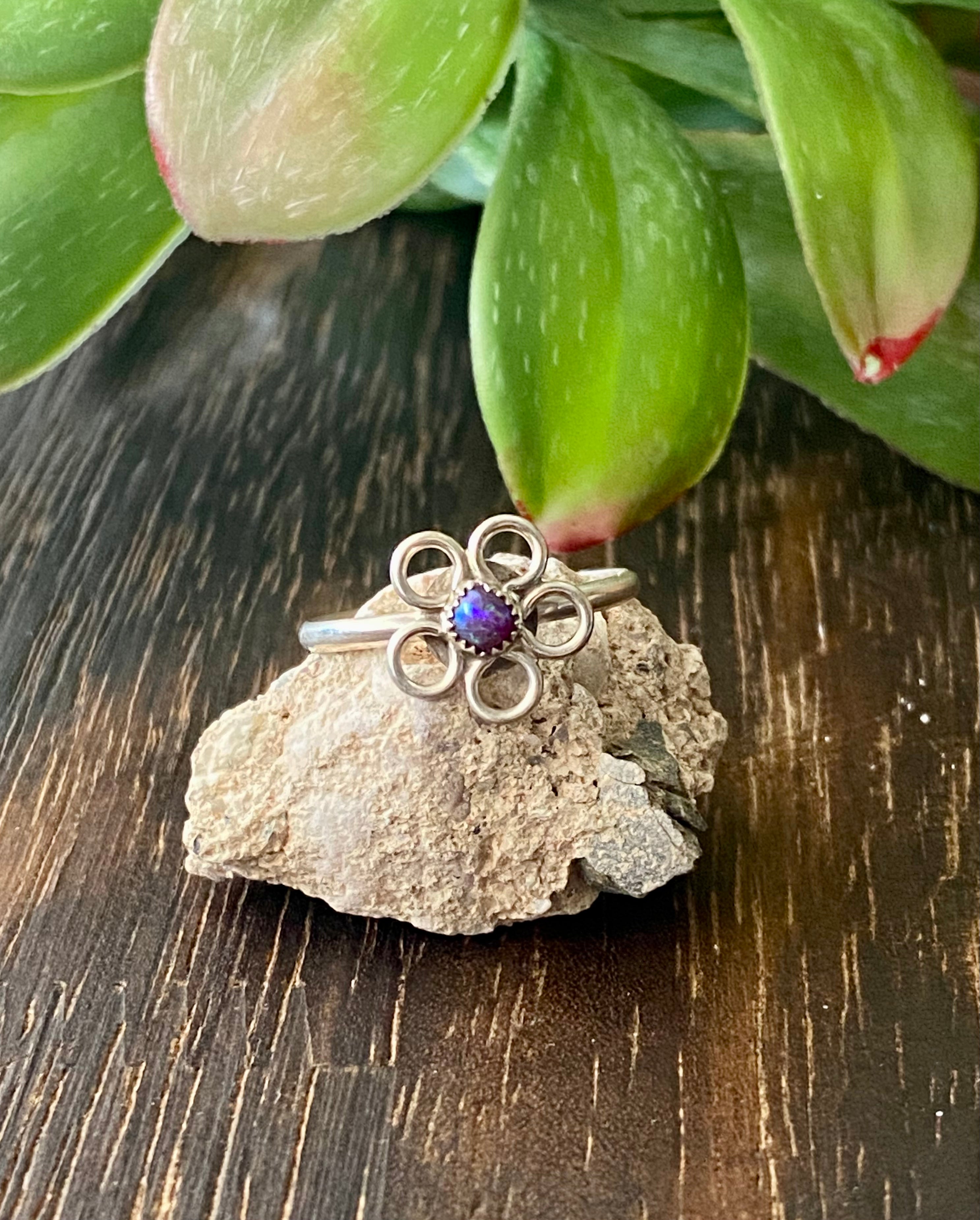 Navajo Made Purple Opal & Sterling Silver Flower Ring Size 6.25