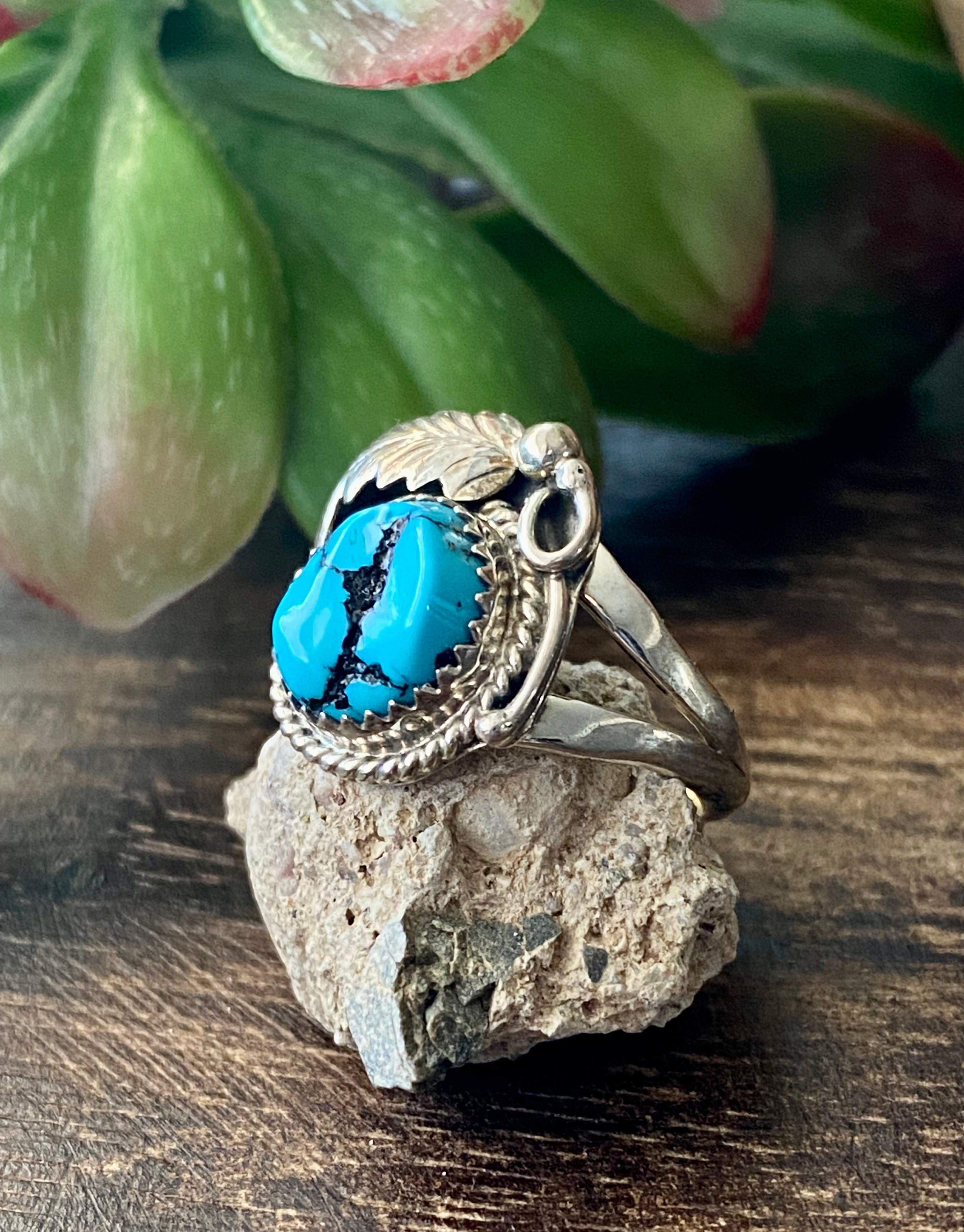 Navajo Made Kingman Turquoise & Sterling Silver Feather Ring Size 7.75