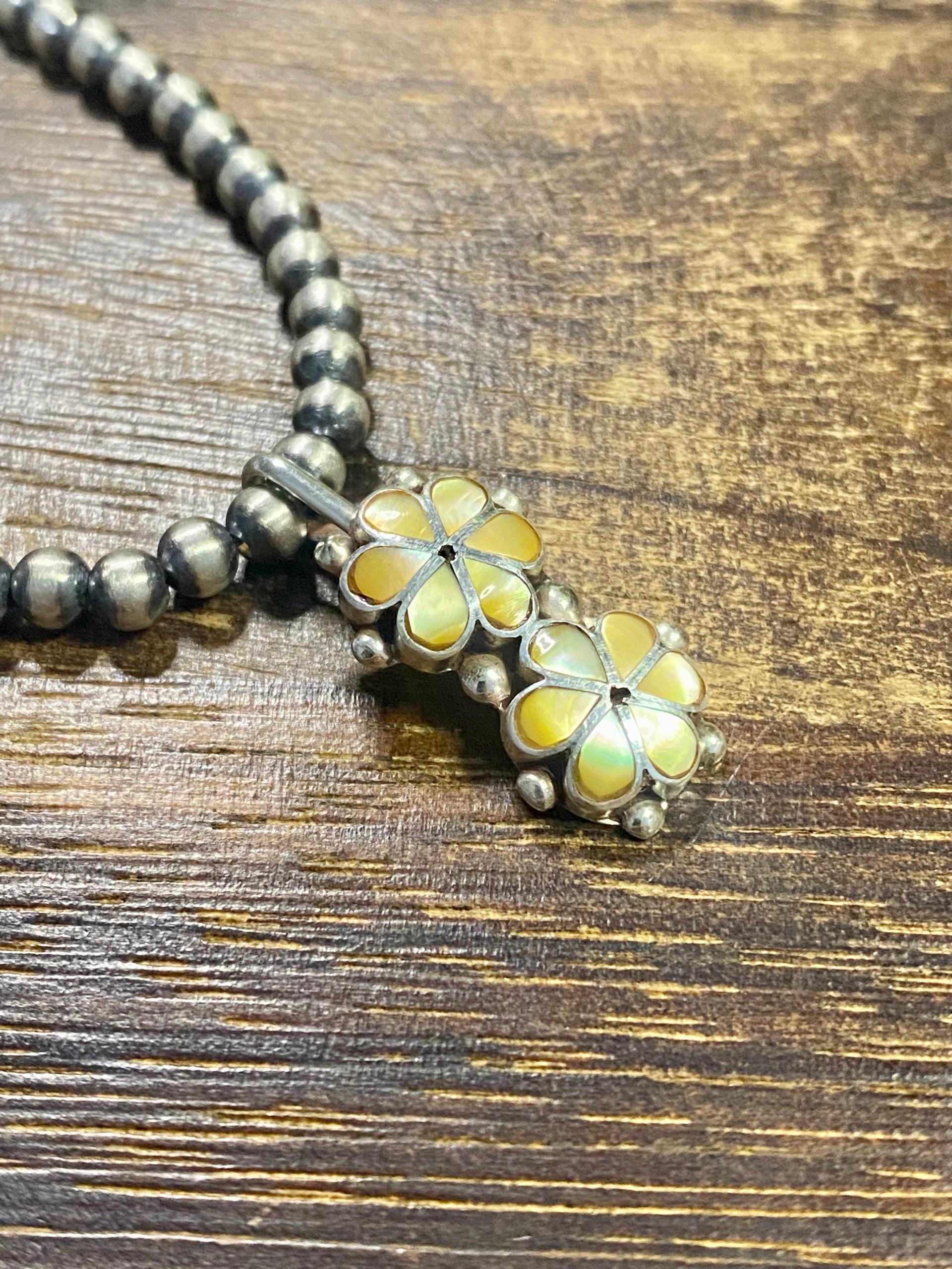 Zuni Made Mother of Pearl & Sterling Silver Inlay Flower Pendant