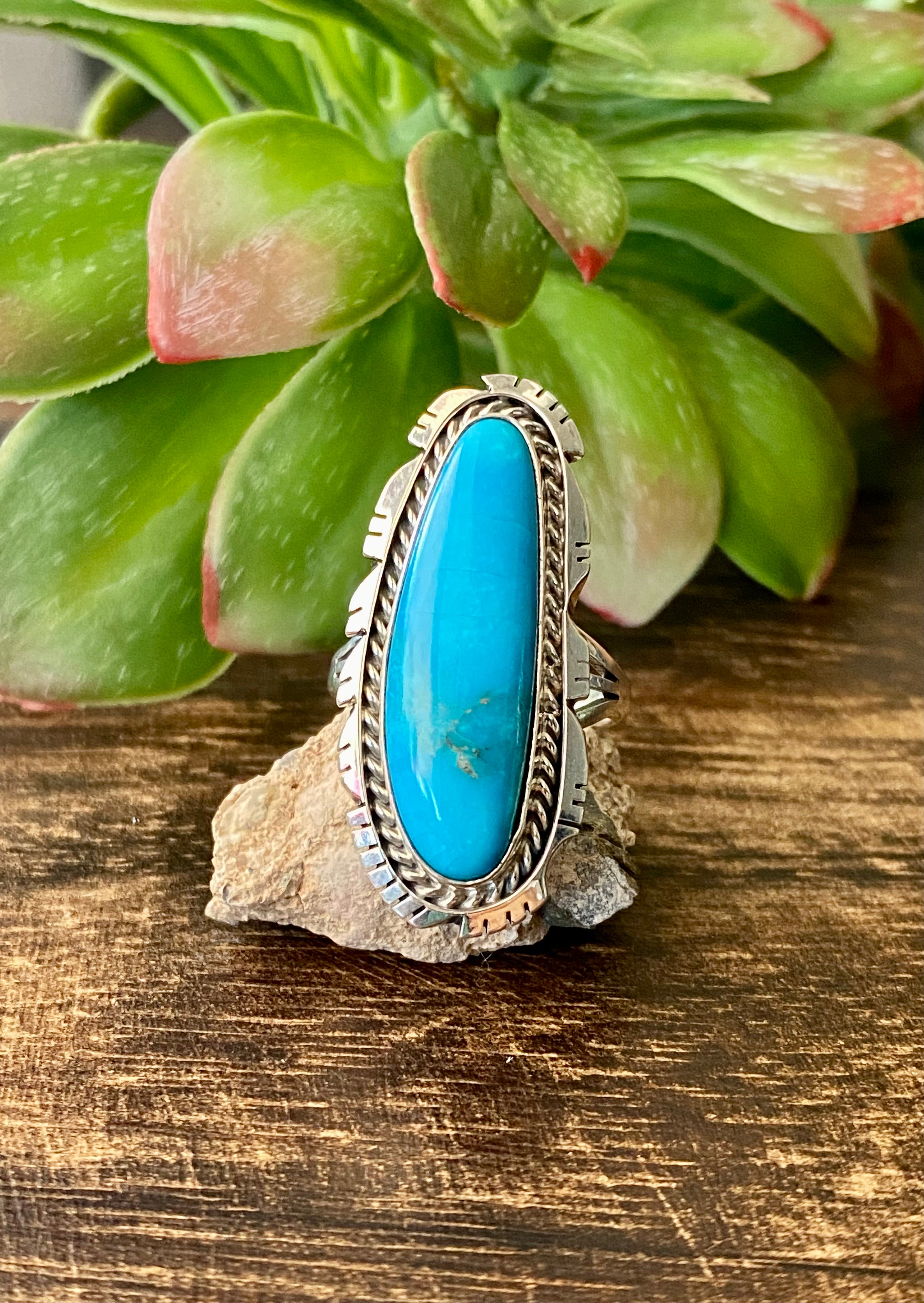 Navajo Made Kingman Turquoise & Sterling Silver Ring Size 7.5